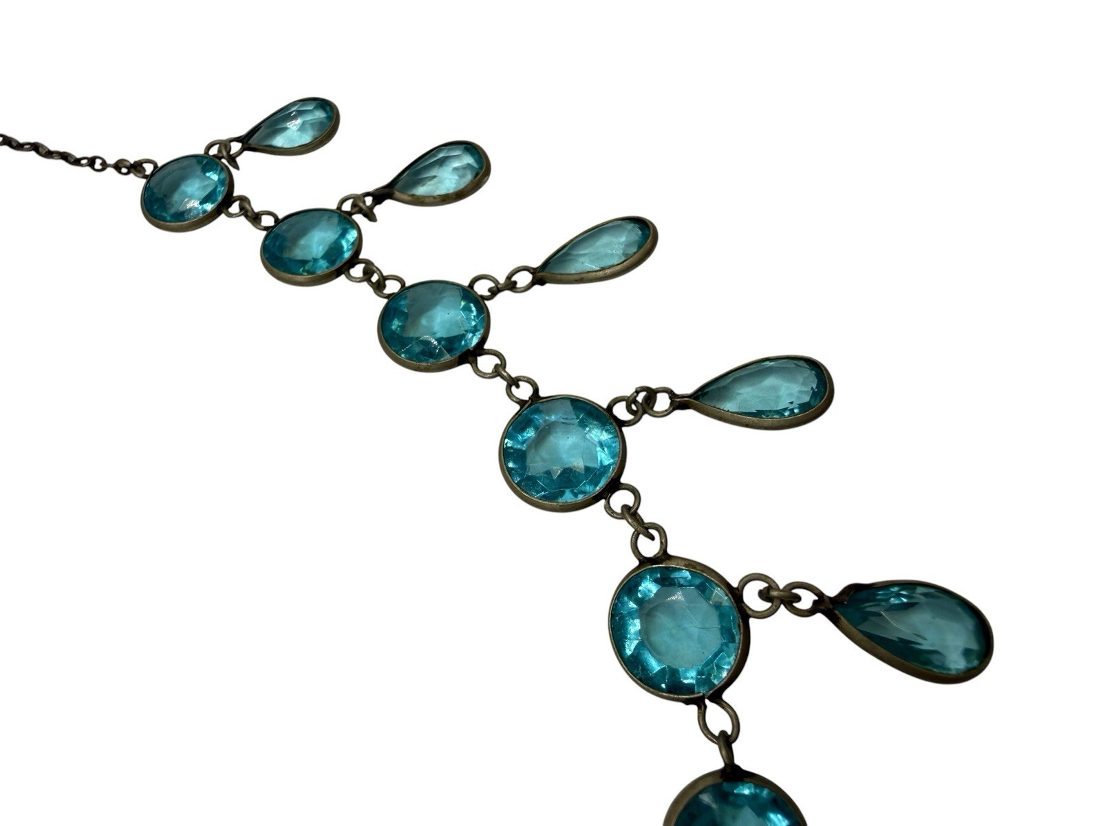 Antique Edwardian Deco Czech Festoon Drapes Faux Aquamarine Glass Necklace