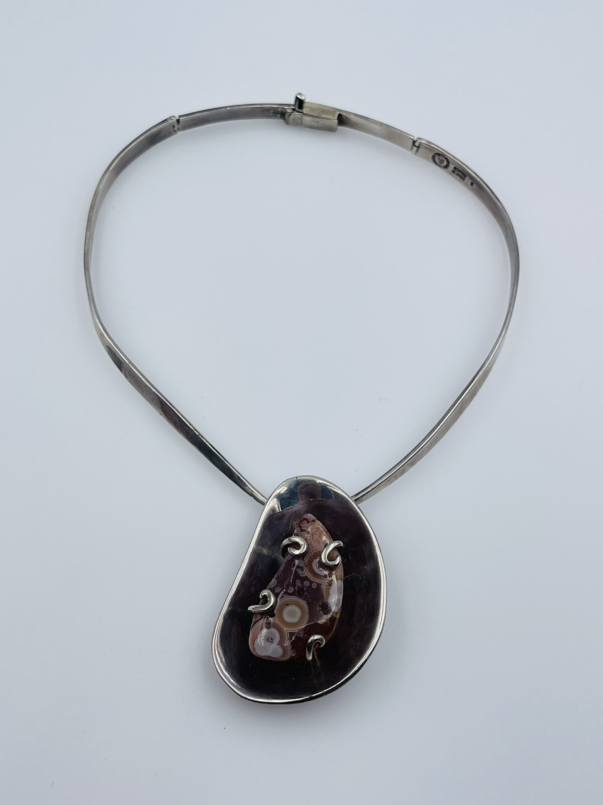 Los Castillo Vintage Mexican Sterling Silver Agate Neck Ring Modernist Necklace