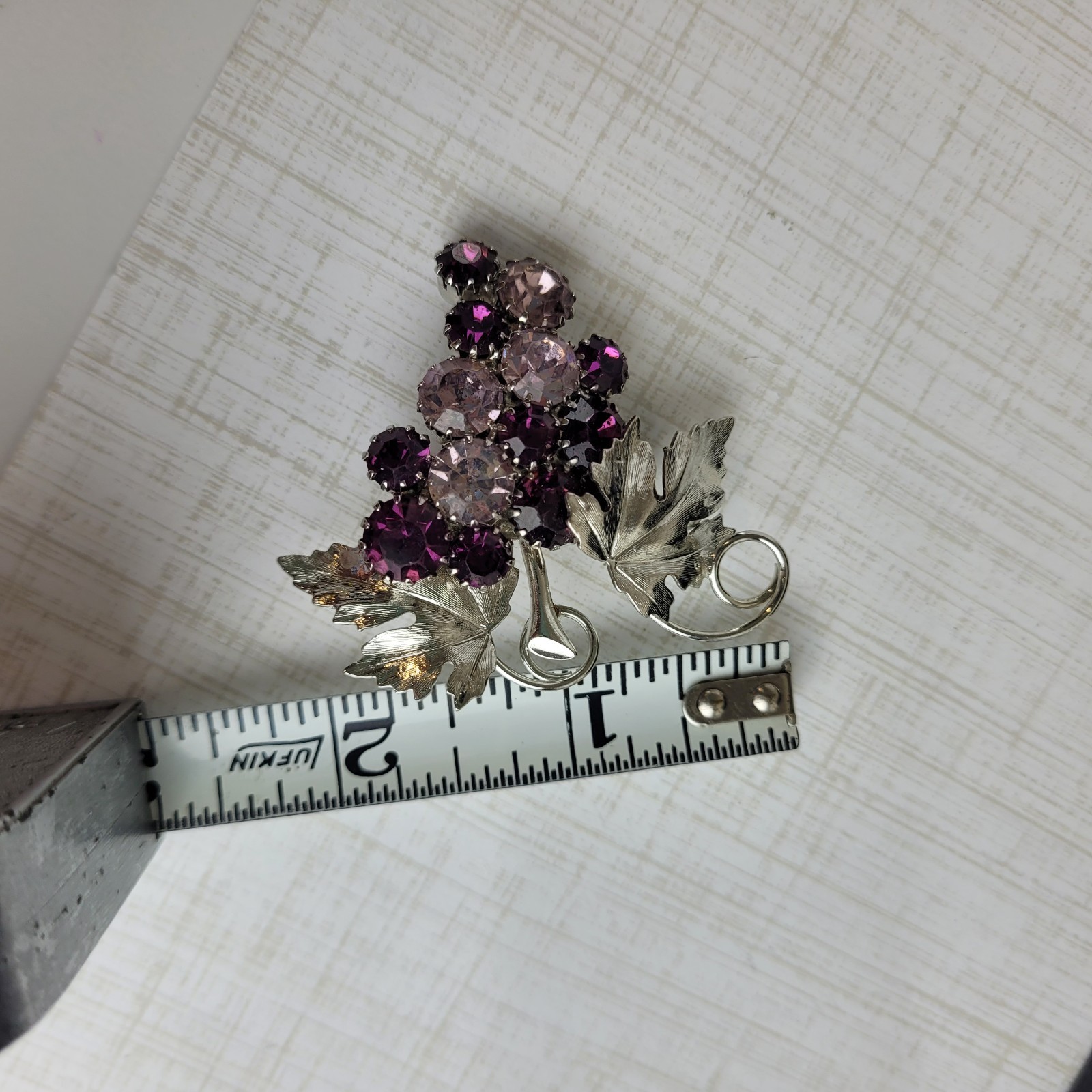 Shades of Purple Rhinestone Grape Cluster Brooch Silver Tone