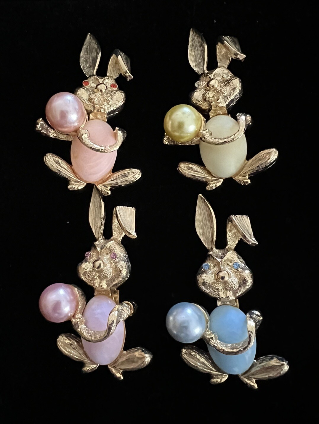 QVC HSN 4 Rabbit Bunny Gold Tone Faux Pearl Lucite Rhinestone Brooch Pins