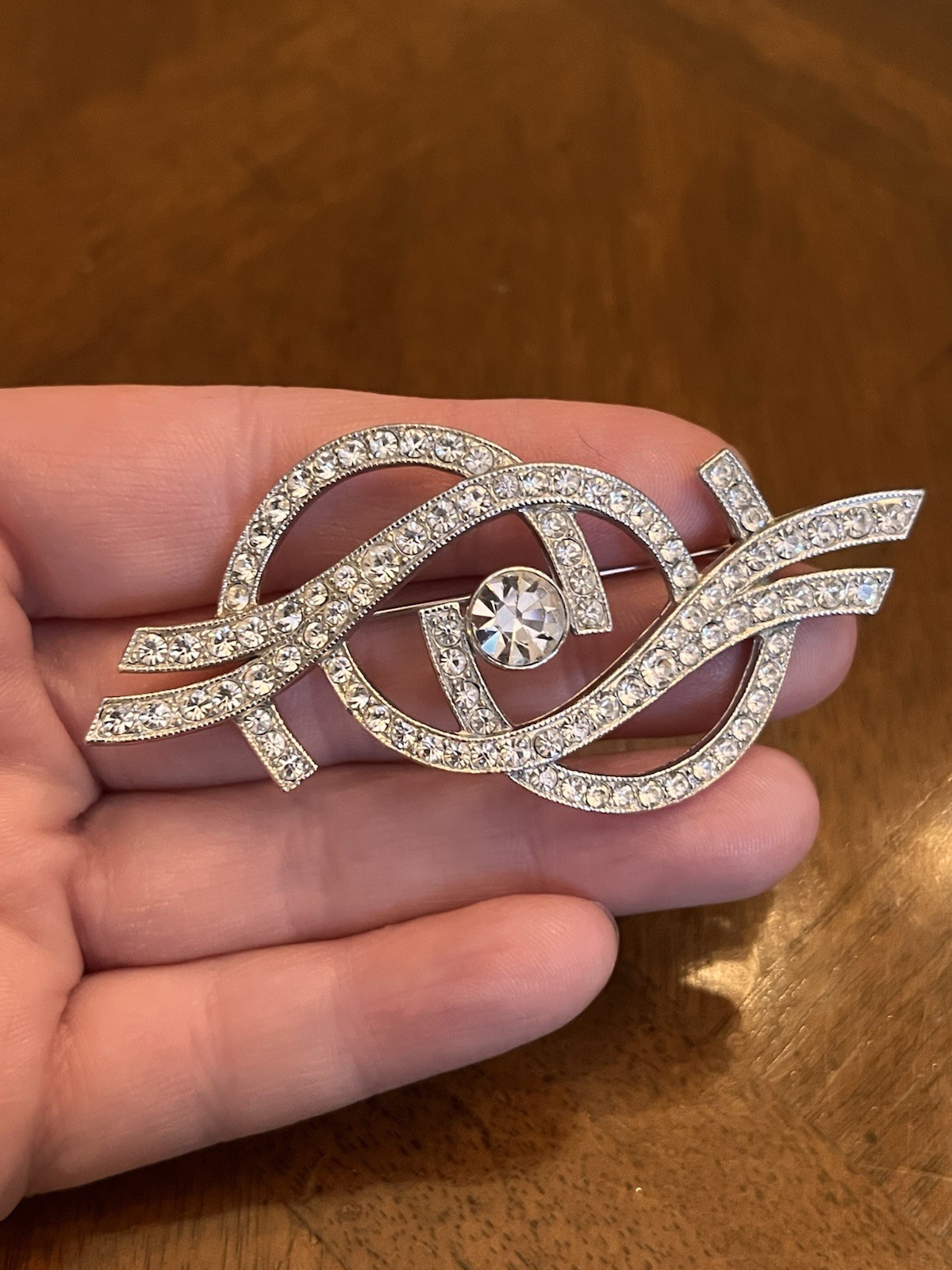 Vintage Ora Rhinestone Abstract Swirl Ribbon Brooch Silver Tone Signed Nice!