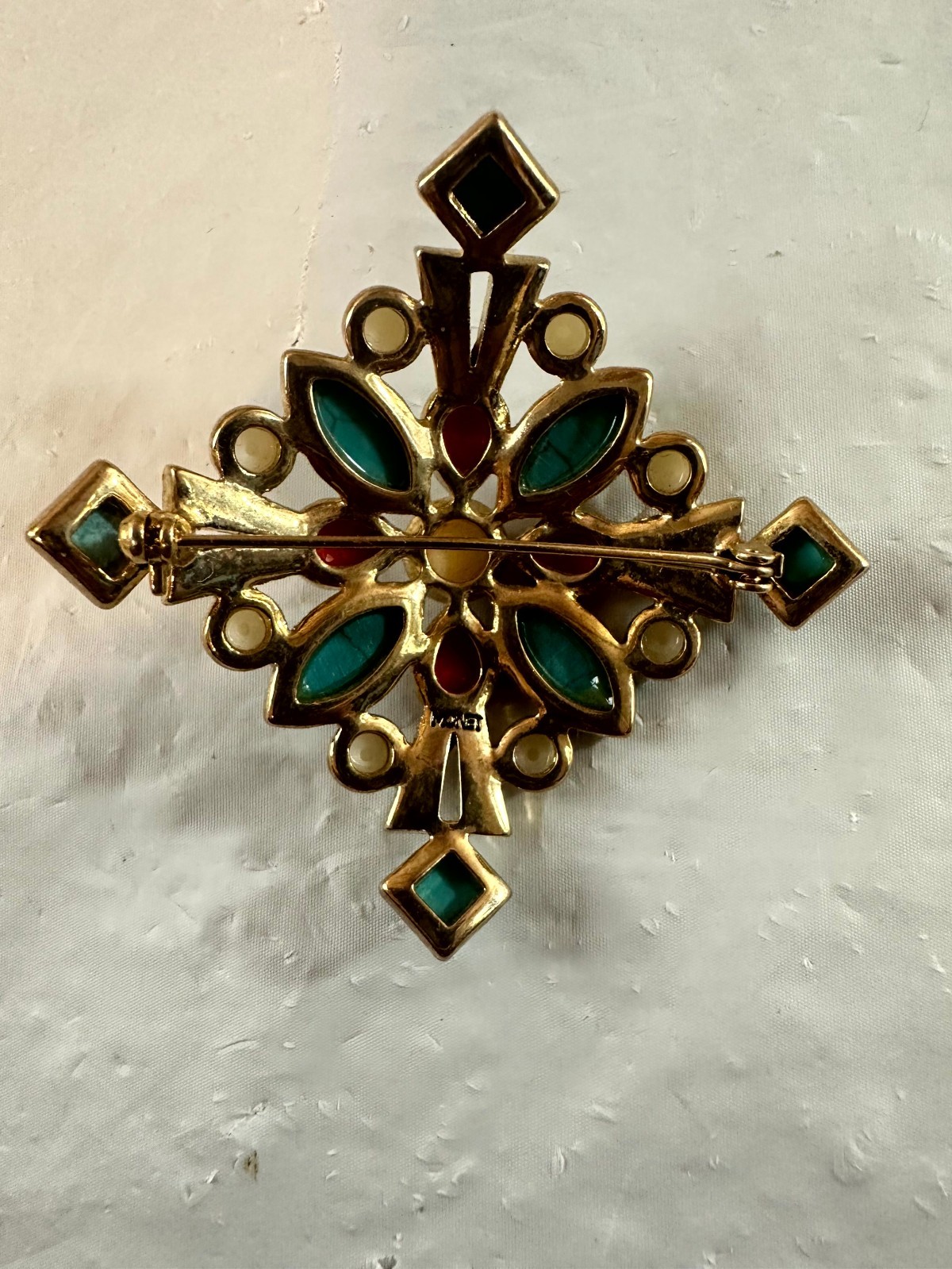 Monet Maltese Cross Turquoise Coral Faux Pearl Cabochon Gold Tone Brooch Pin
