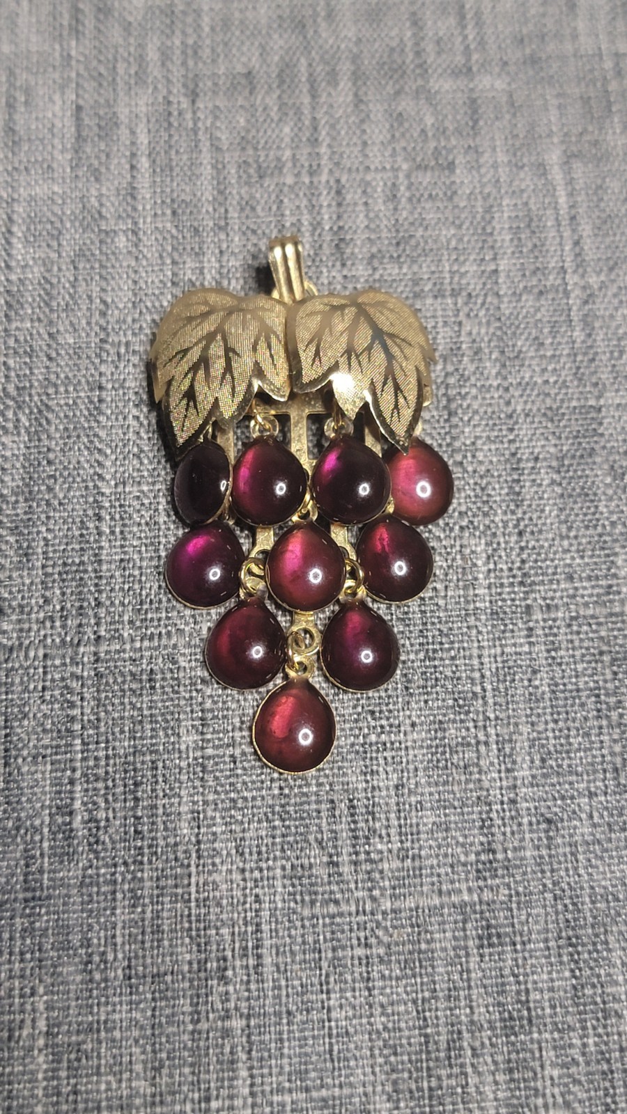 Dangling Purple Grape Cluster Gold Tone Wearable as a brooch or pendant
