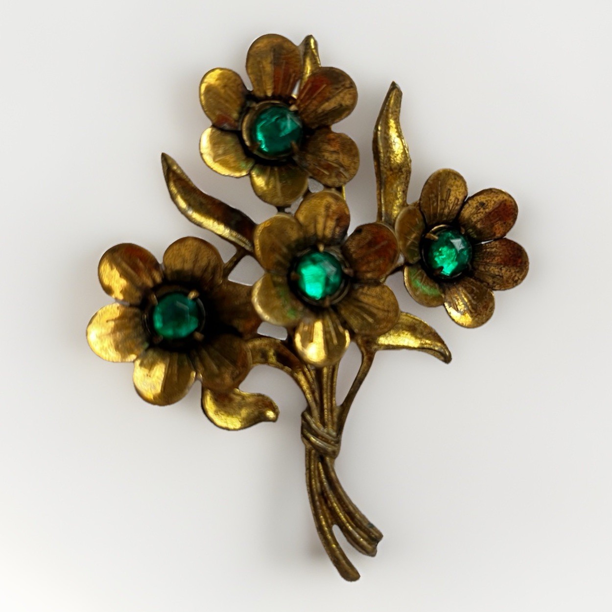 Vintage 1940’s Large Gold Tone Floral Sprig Brooch With Green Rhinestones