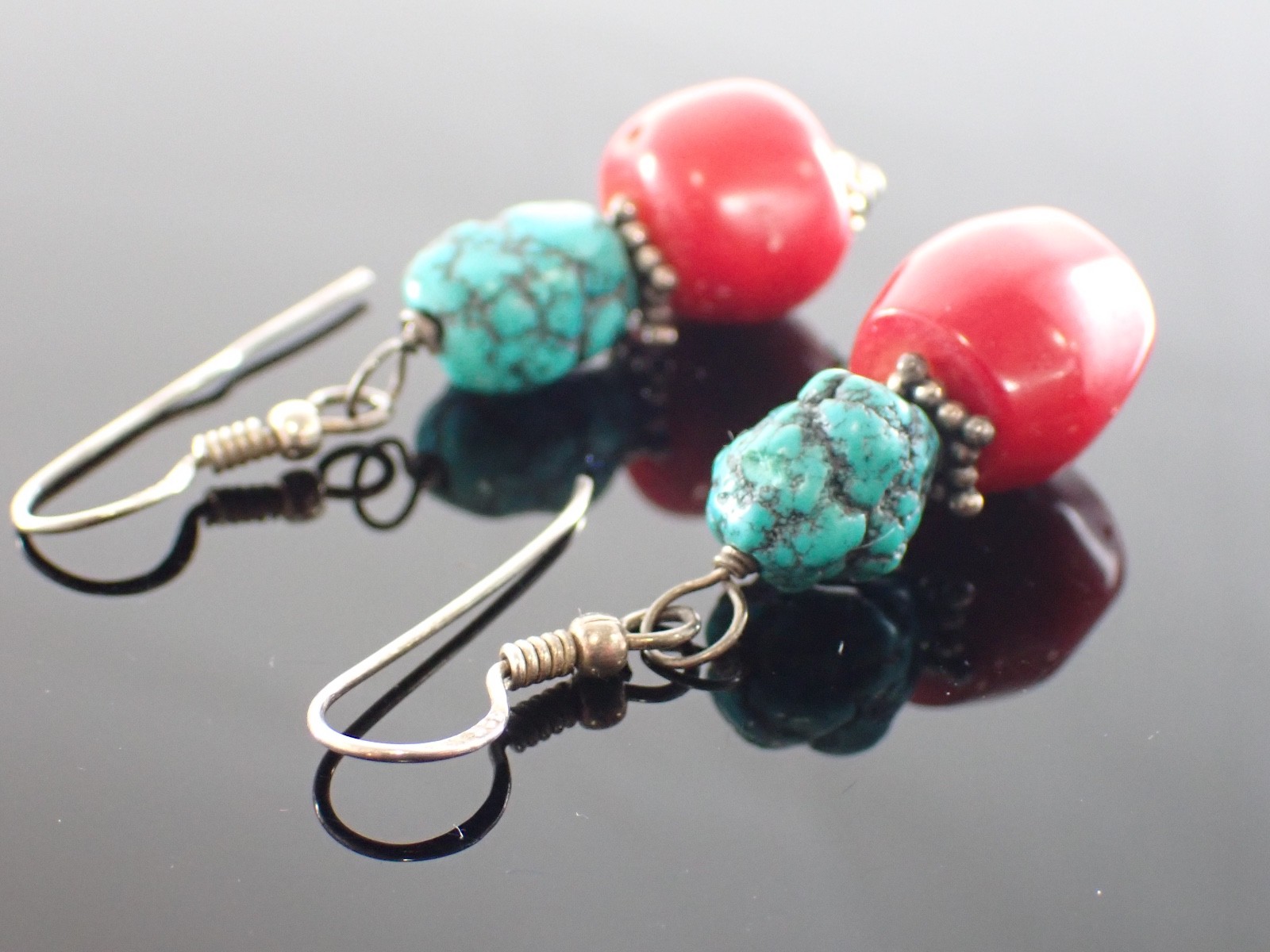 Vintage Sterling Drop Earrings Red Bead & Turquoise Matrix Stones Artisan
