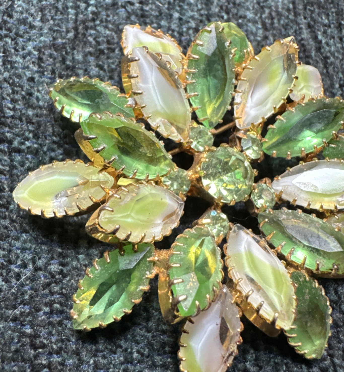 Gold-tone Brooch With Lime Green Givré And Opalescent Marquise-Cut Rhinestones