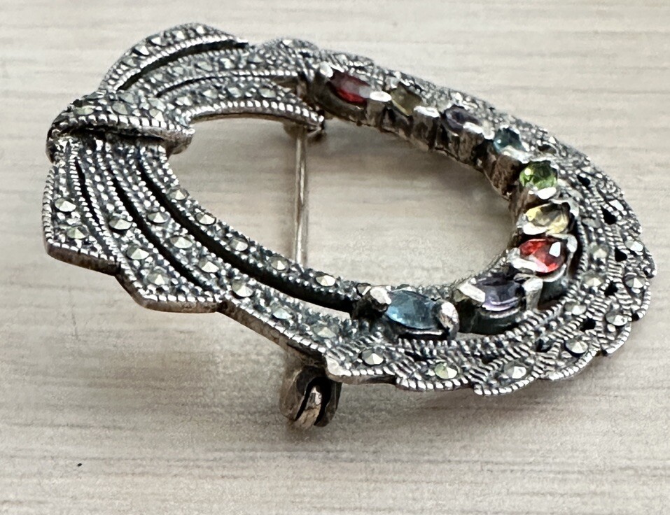 Sterling Silver Semi Precious Multicolor Stones and Marcasite Circle Bow Pin