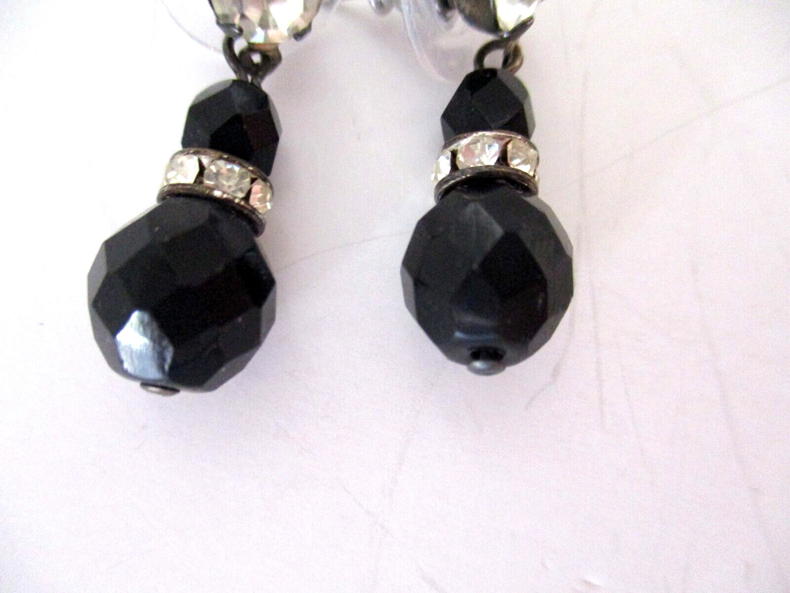 Vintage Dangle Drop Post Earrings Faceted Black Glass Beads & Rhinestones
