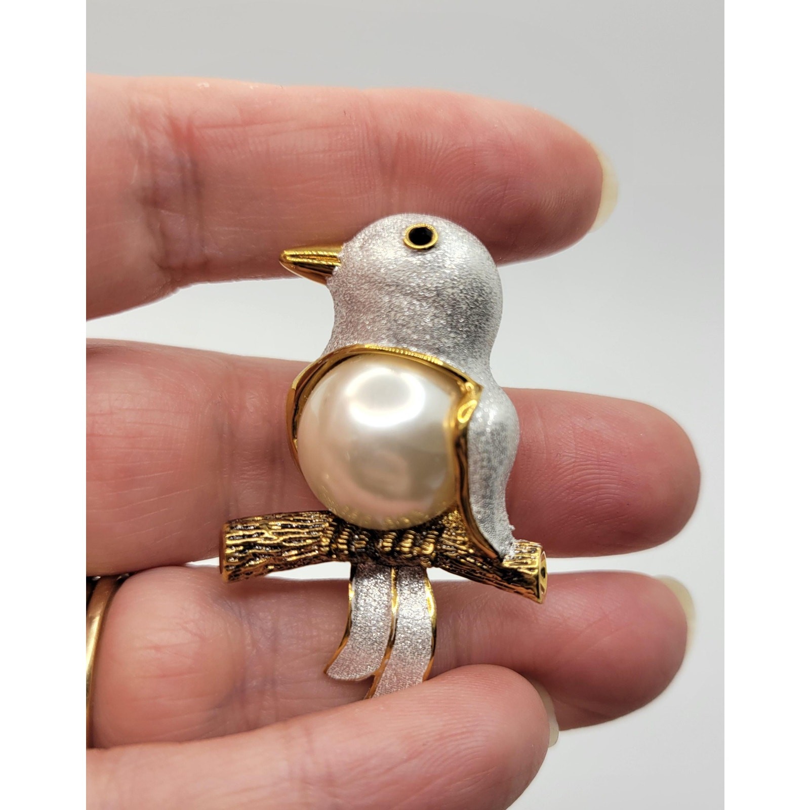 Vintage Butler Style Bird Pin Faux Pearl Belly Cabochon Figural 1980s Brooch