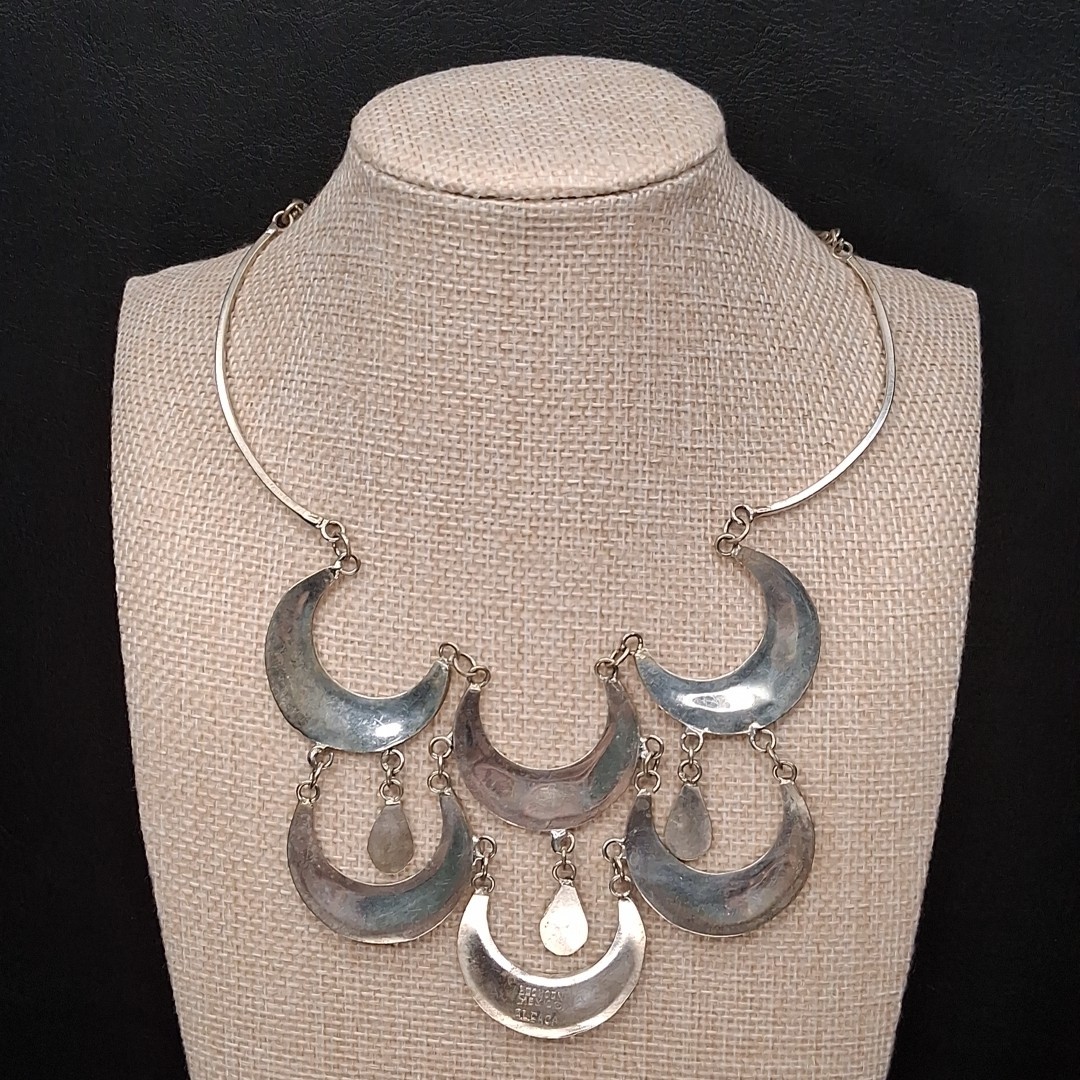 Vintage Alpaca MEXICO Cresent Moon Bib Necklace Abalone And White Enamel. 17.883
