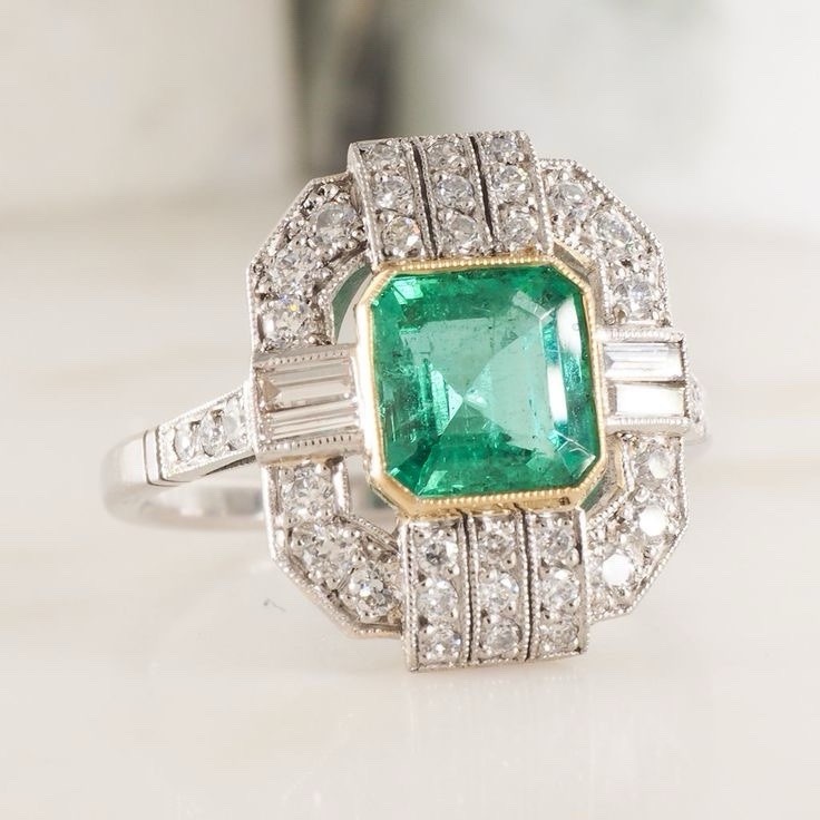 Art Deco 1.31 Ct Emerald Diamond & Baguette Vintage Statement Ring in 935 Silver