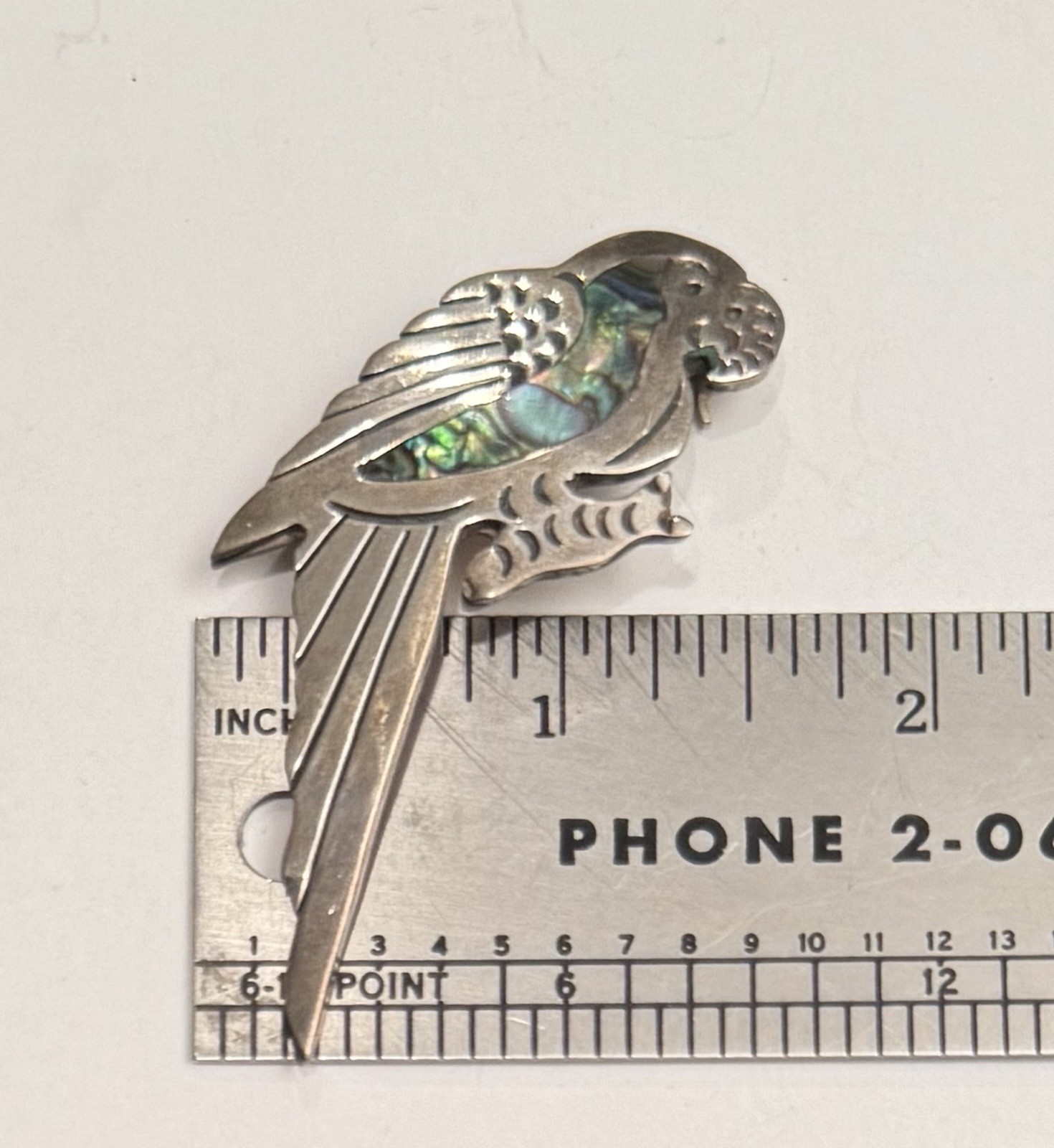 Vintage 925 Silver Abalone Paua Shell Inlaid PARROT BROOCH 2.5”