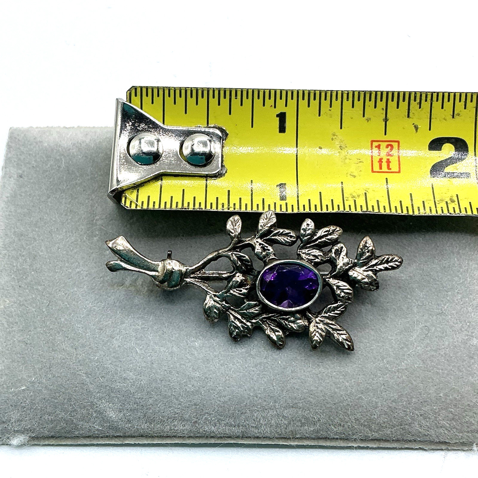 Shiptonia Sterling Silver Amethyst Art Nouveau Branch Leaf Nature Brooch Pin