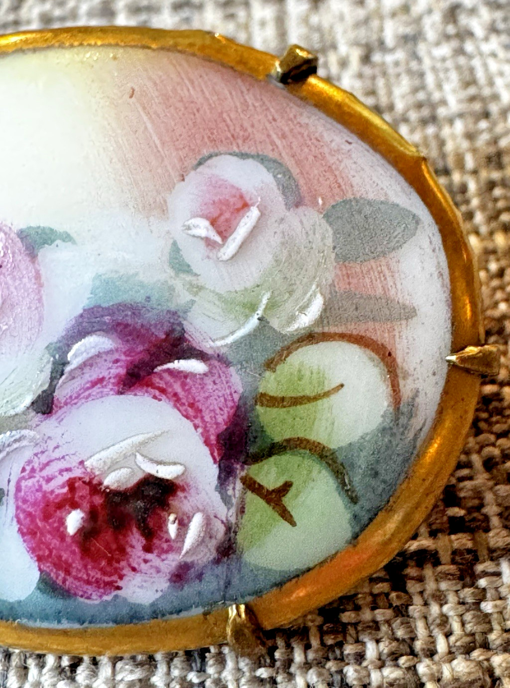Vintage Victorian Style Hand Painted Floral Bouquet Porcelain Pin Brooch Roses