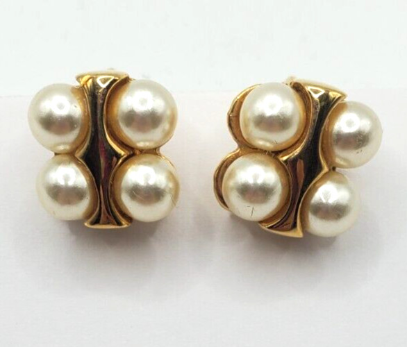 Napier Elegant Vintage Earrings Clip On Screw Back Gold Tone Faux Pearl 1/2″inch