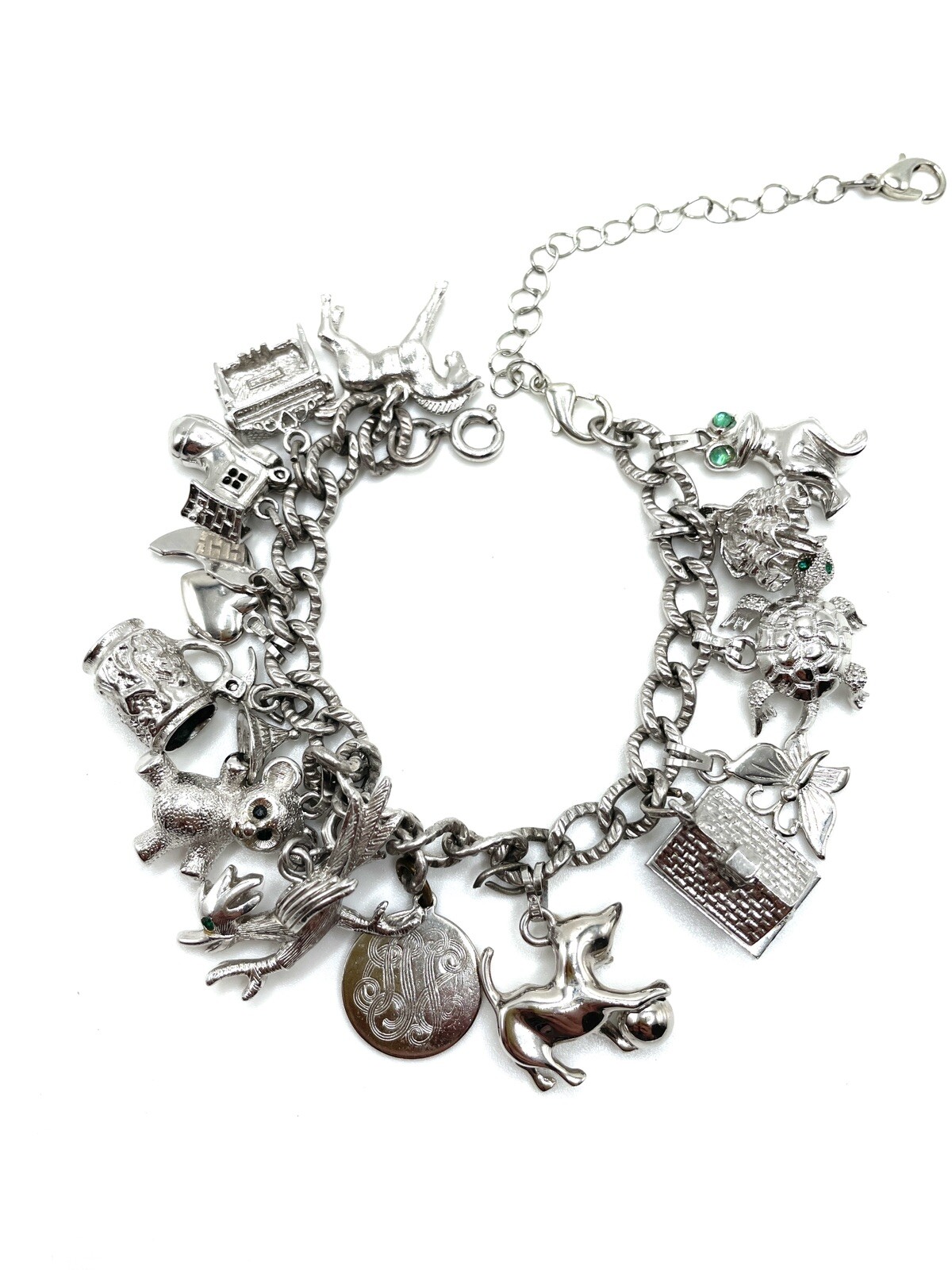 Monet Sterling Silver Articulated Figural Crystal Charm Bracelet 61.5g Vintage