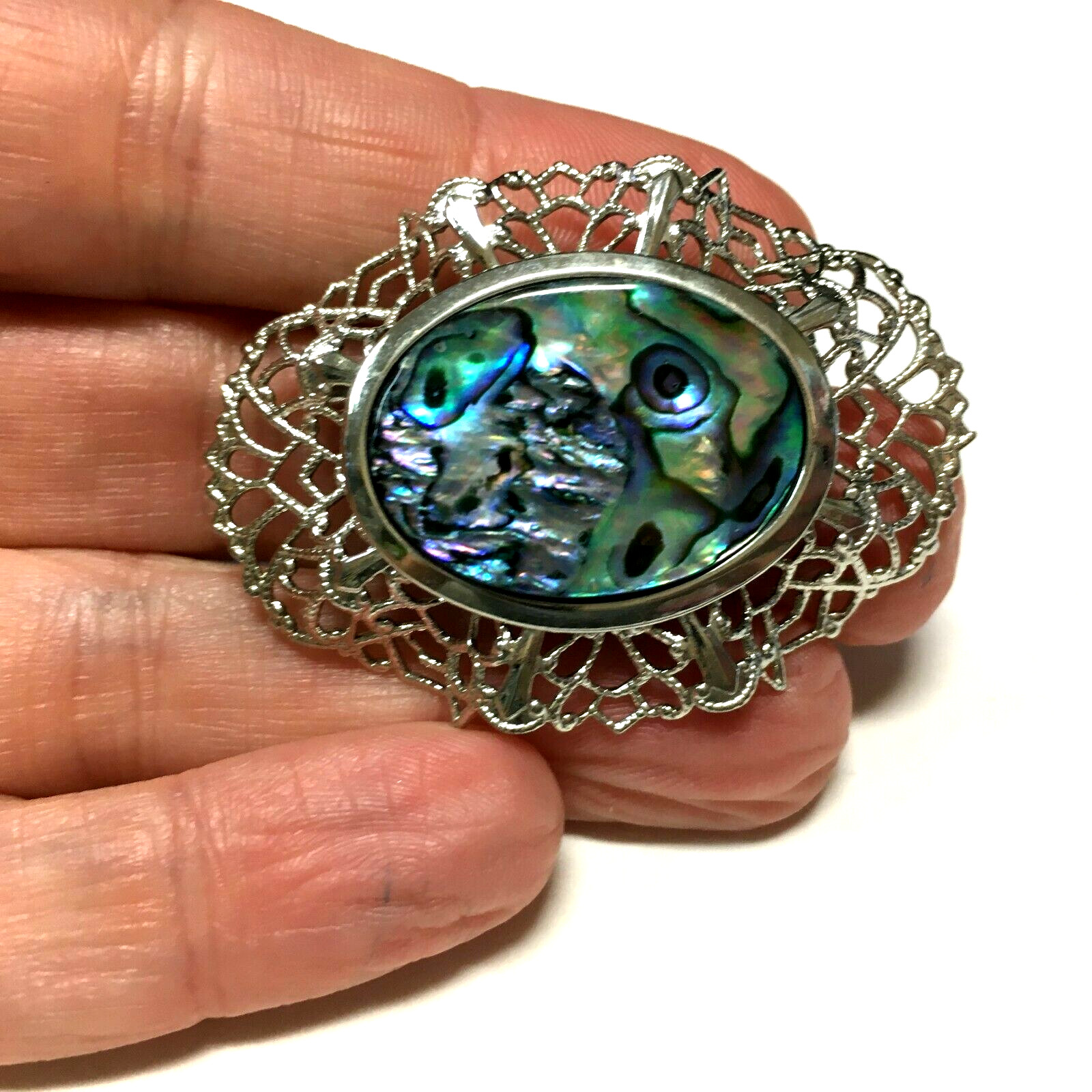 Vintage New Zealand Paua Shell ABALONE Brooch Oval Silver PL Lacy Bezel L54k