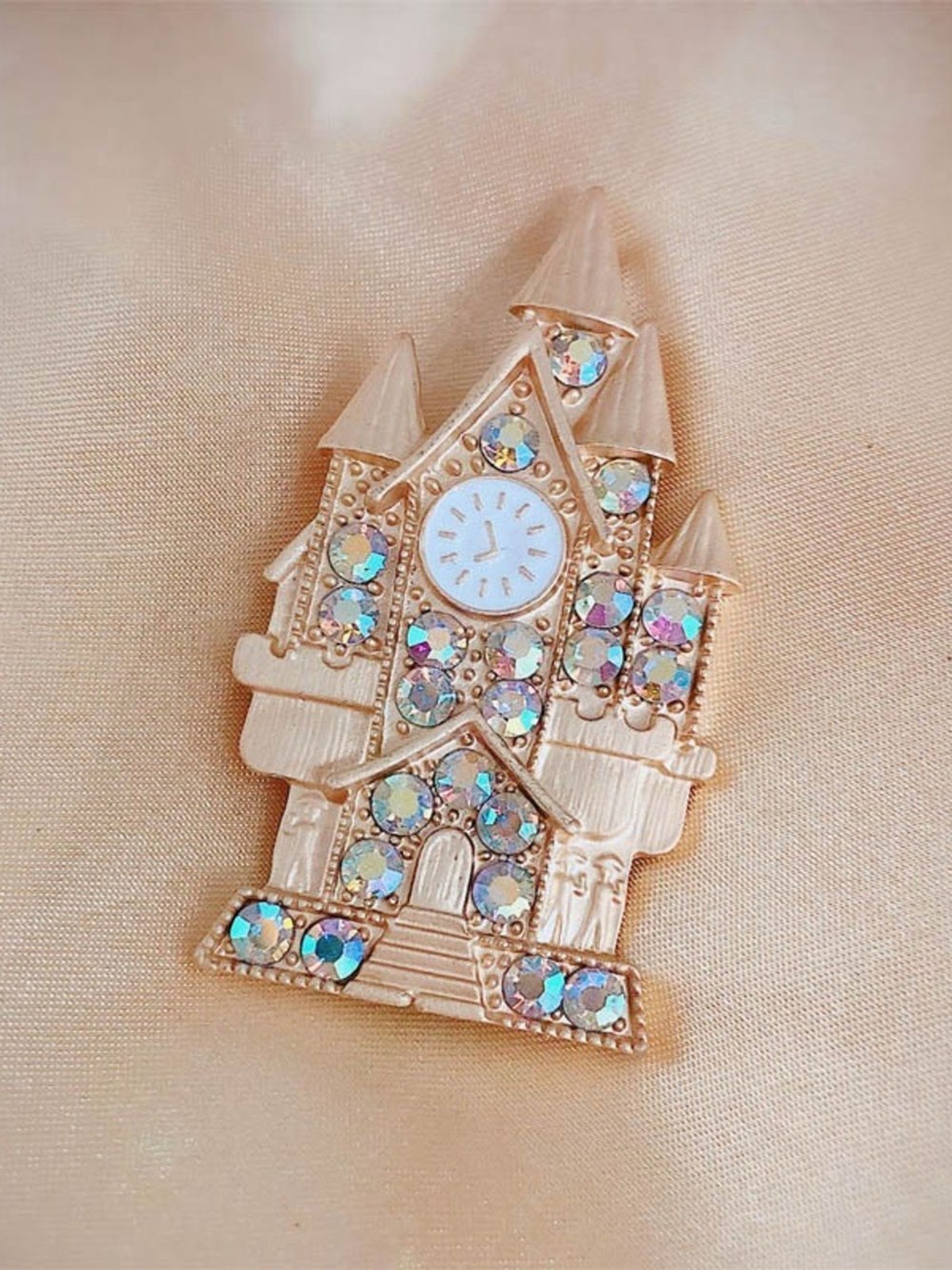 Rhinestone Castle Clock Brooch Pin Fantasy Princess Fairy Tale Jewelry