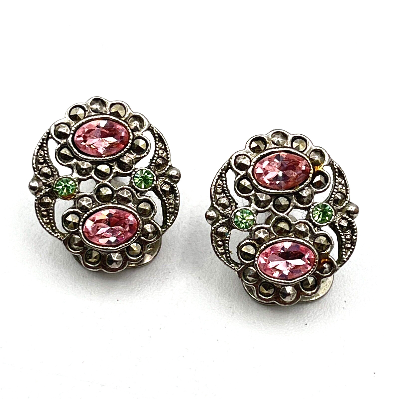 Vintage 1928 Brand Earrings Pink Rose and Green Rhinestone Clip Earrings 3/4″