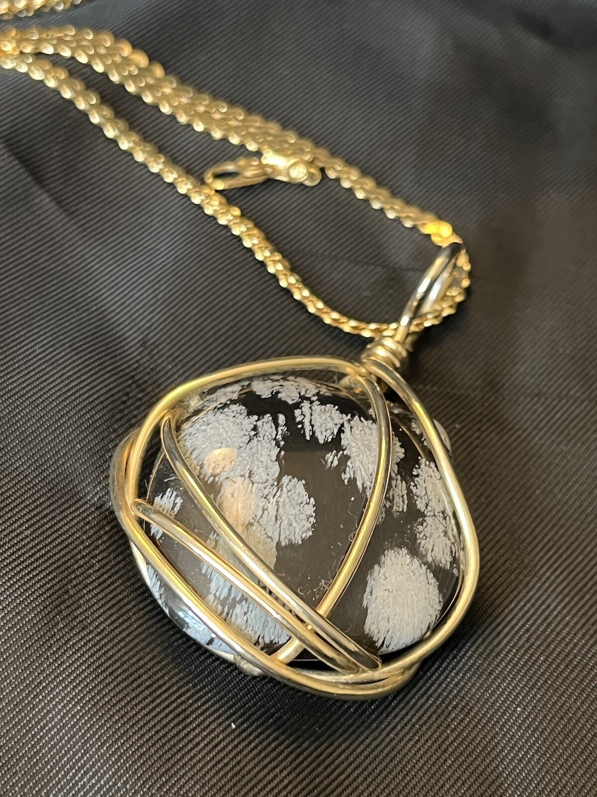 Vintage Polished Snowflake Obsidian Pendant Necklace Wire Wrapped Obsidian Stone