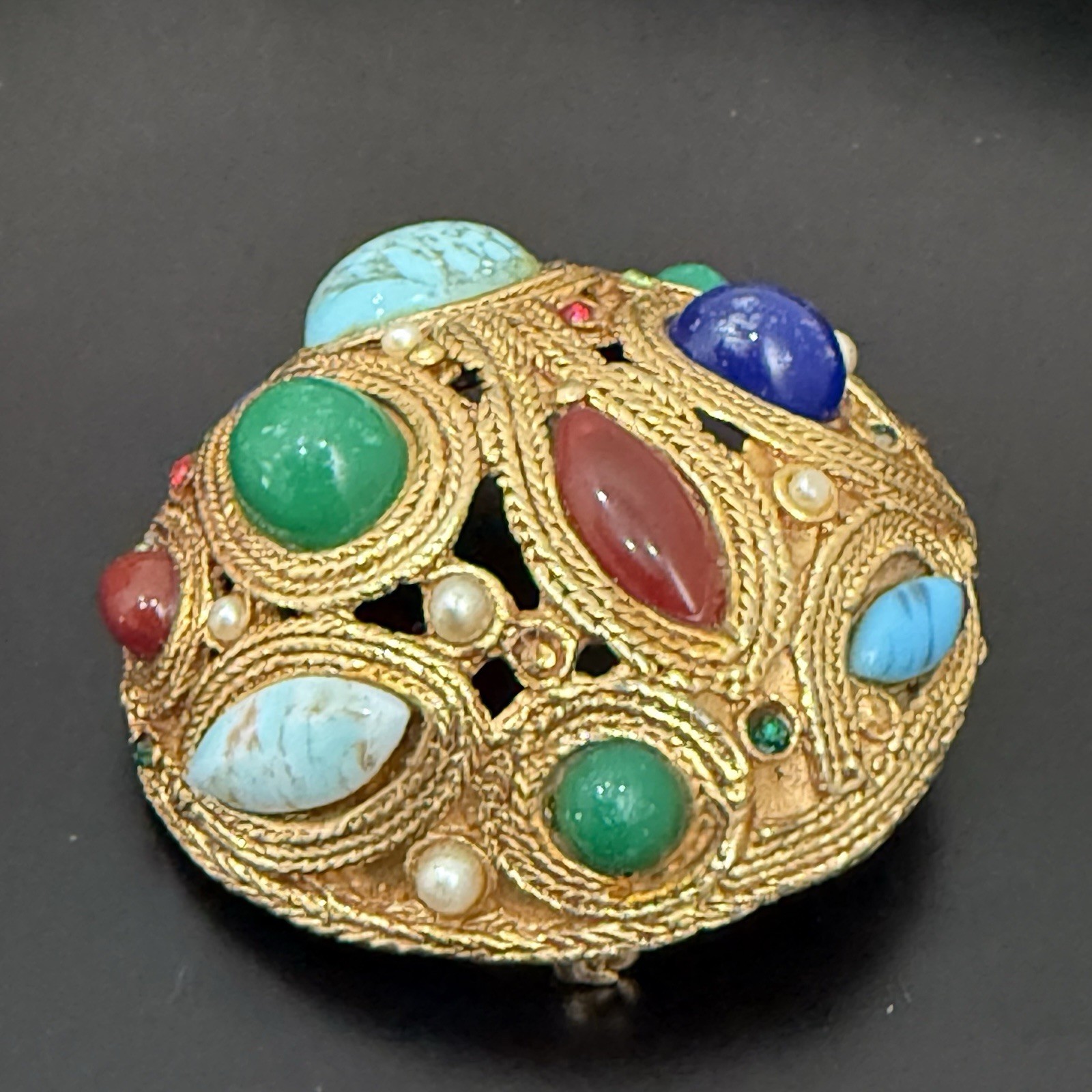 Vintage La Roca Style Multicolor Bejeweled Gemstones Gold-tone Dome Brooch 44g.