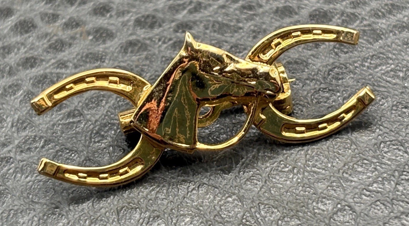 Vintage Equestrian Gold Tone Double Horseshoe Luck Horse Head Pin Brooch