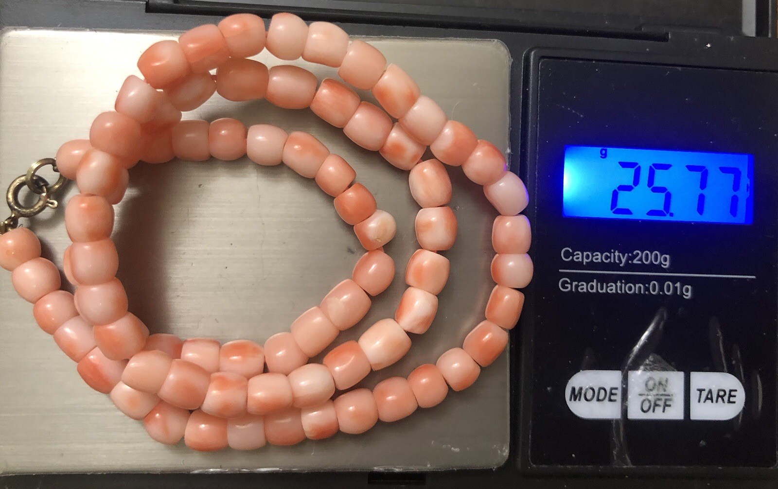 Vintage 925 Coral Beads Pinkish Salmon Necklace, Beautiful Color, 25+grams