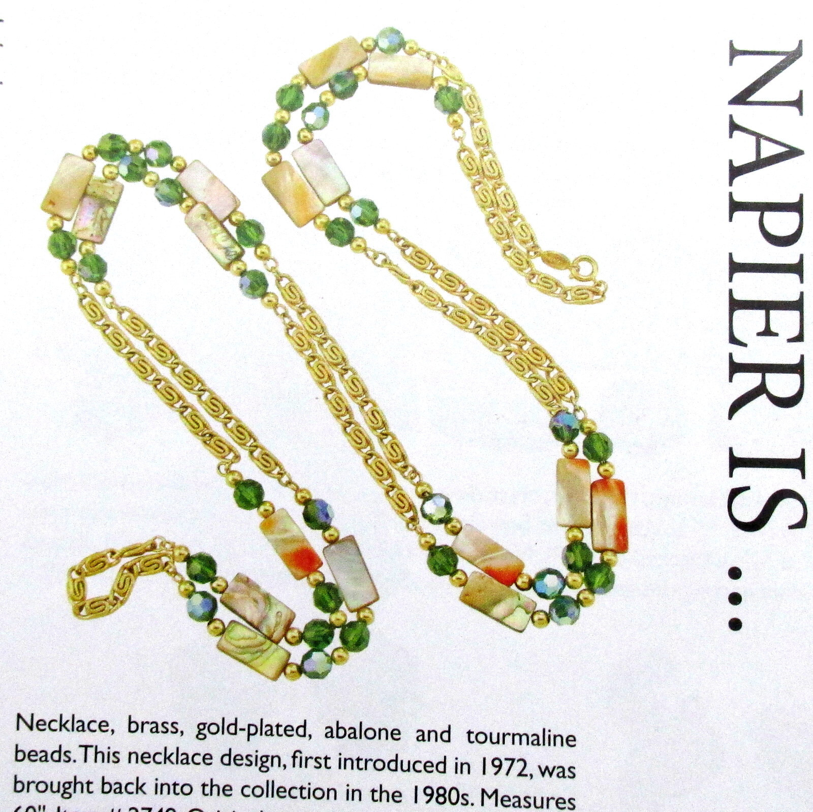 VTG RUNWAY NAPIER 60″ CHAIN ABALONE MOP GREEN CRYSTAL BEAD NECKLACE BOOK PIECE