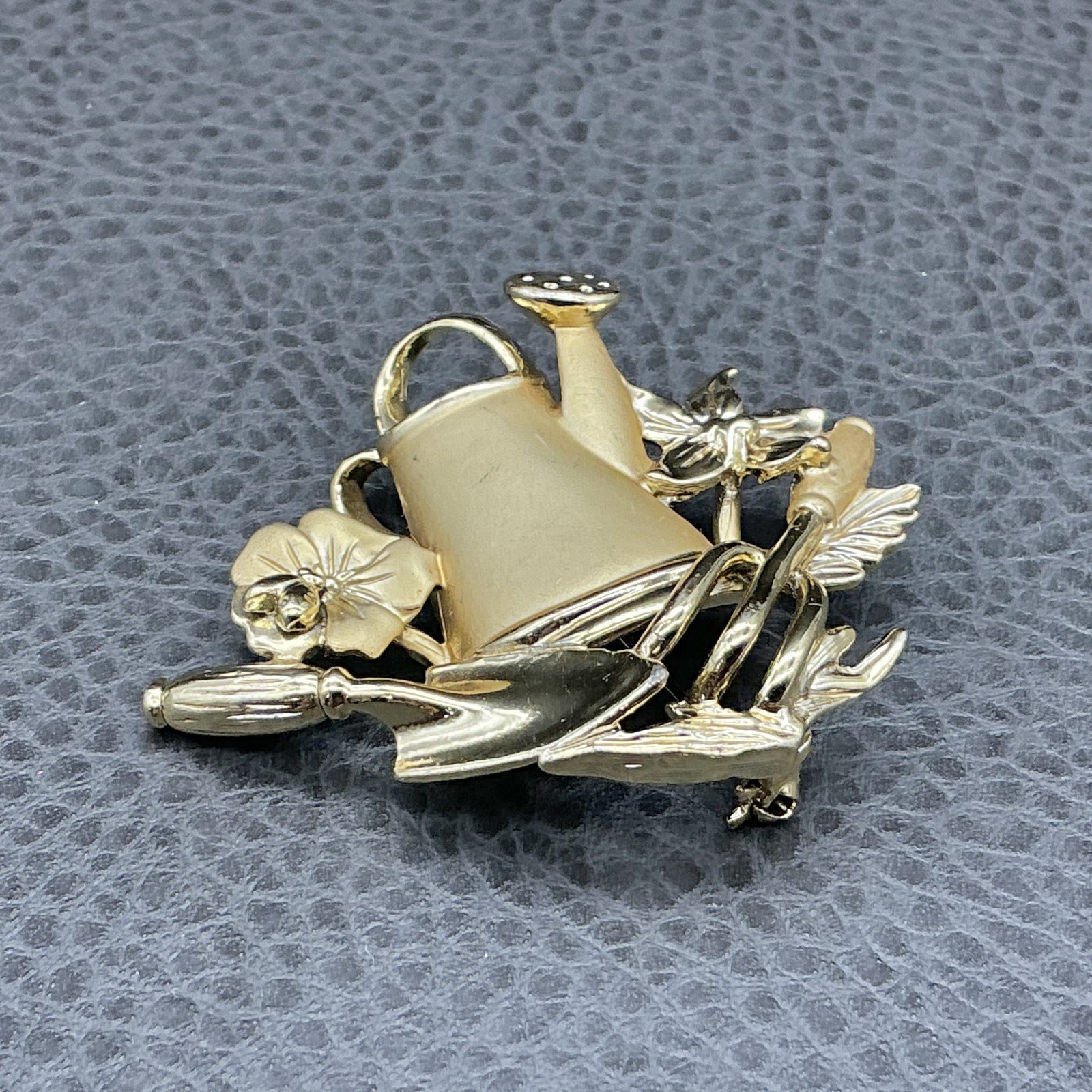Vintage AJC Brooch Gardening Tools Flowers Watering Can Gold Tone 2 Inch Pin