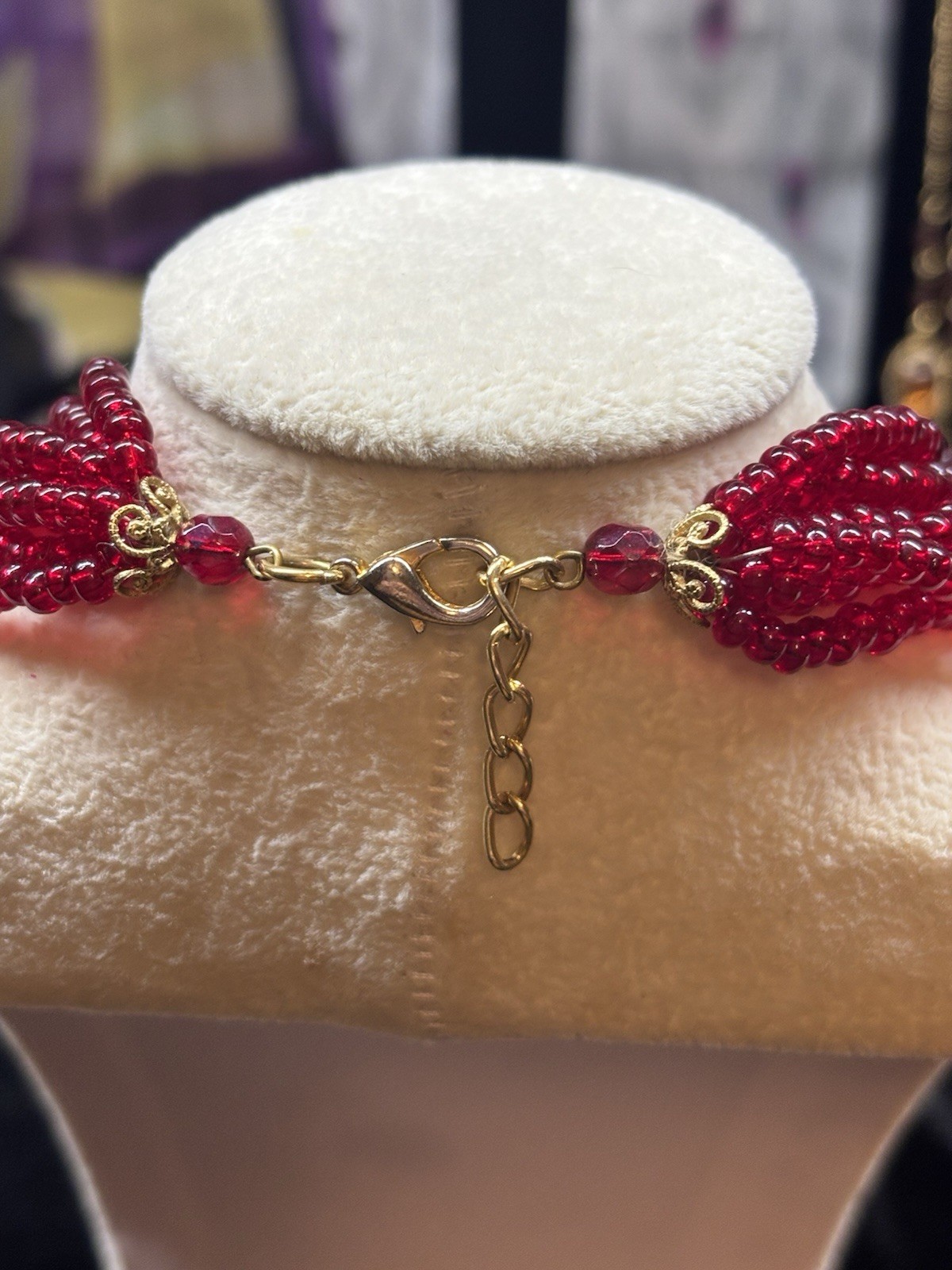 Vintage Lovely Ruby Red Crystal Glass Beads 8 Strand Necklace Adj 16-18 “