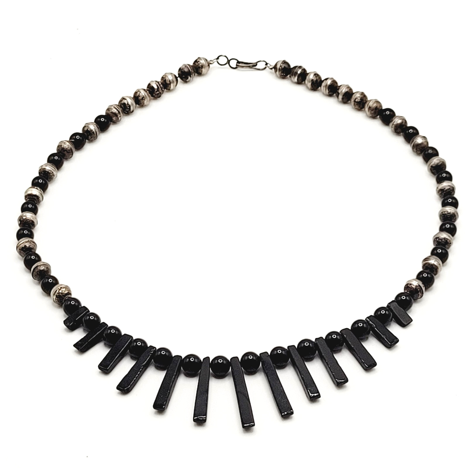 Southwestern Artisan Black Onyx Silver Tone Bead Bib Fringe Vtg Necklace 18 Inch