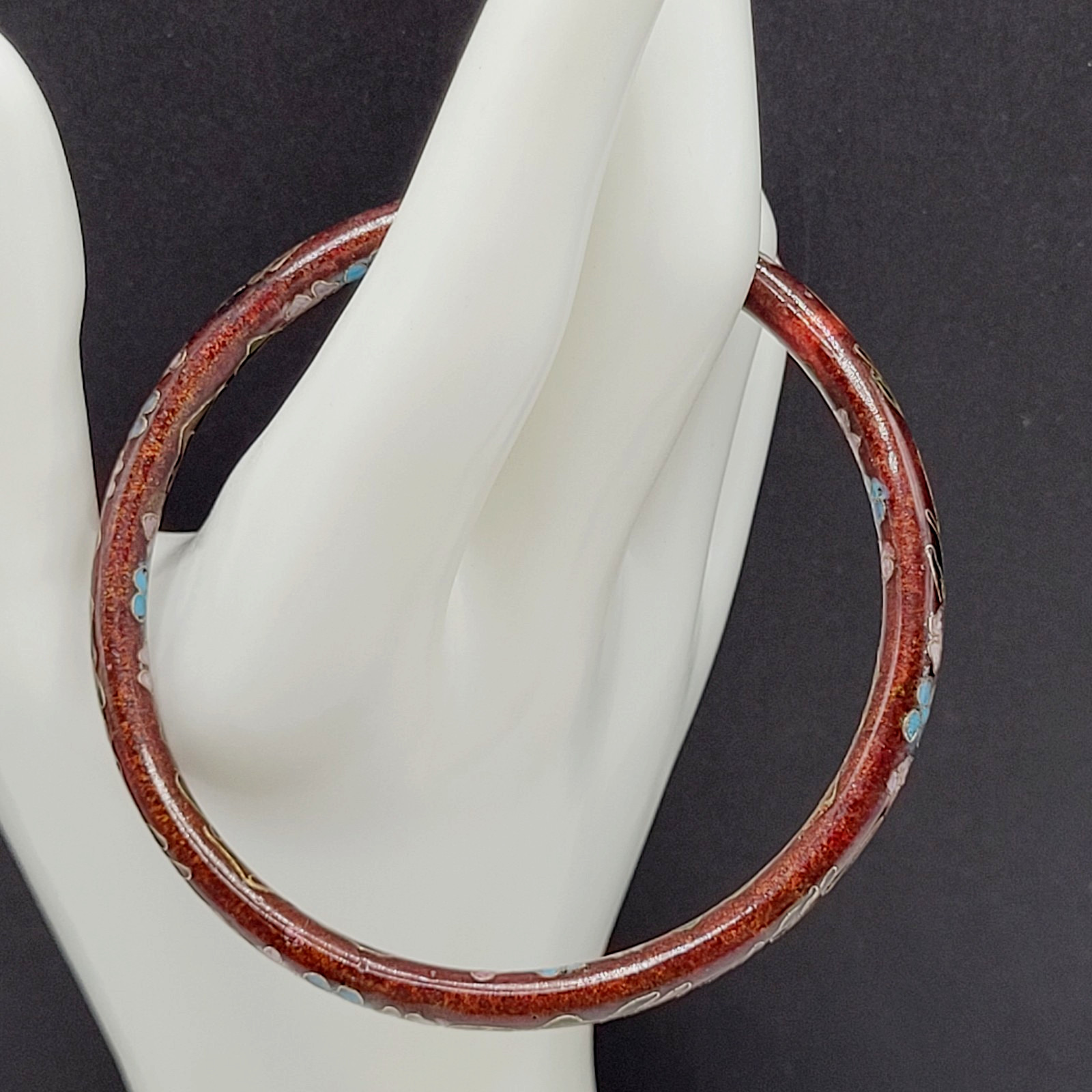 Cloisonné Deep Red Enamel Floral Hand Painted Asian Inspired Bangle Bracelet