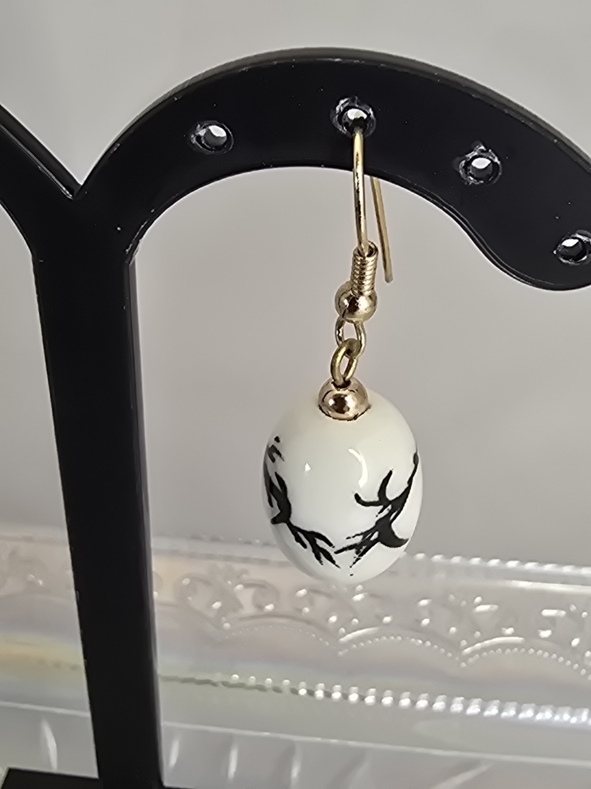 Earrings White Porcelain Bamboo Dangle Earrings Asian Inspired Gold Tone #1019