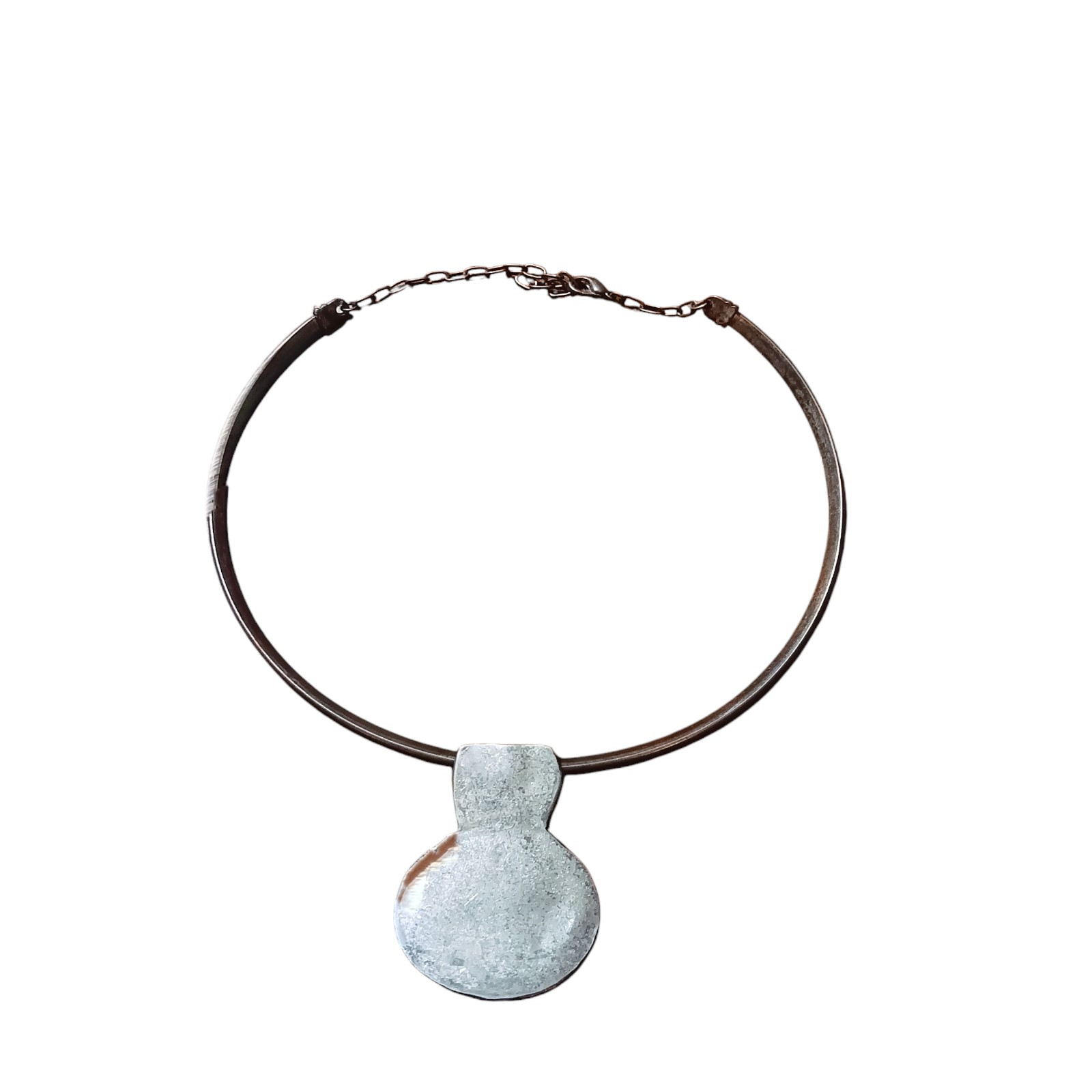 Silver Tone Necklace 14″ Boho Green Stone Pendant Earthy Nature Gemstone Wire