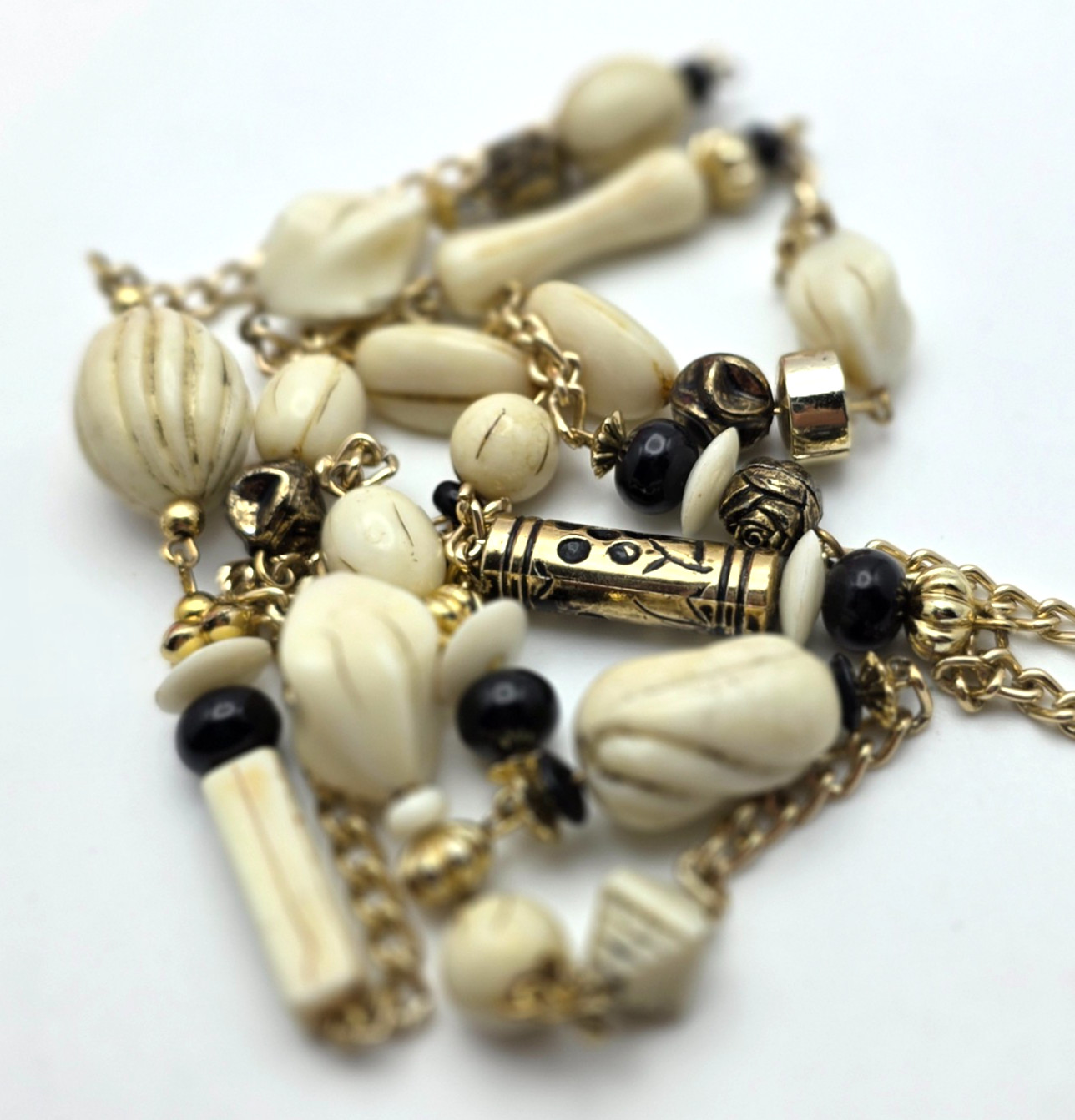 Vintage Lucite Beaded Necklace Cream Black Gold Tone 34 in Long Lightweight