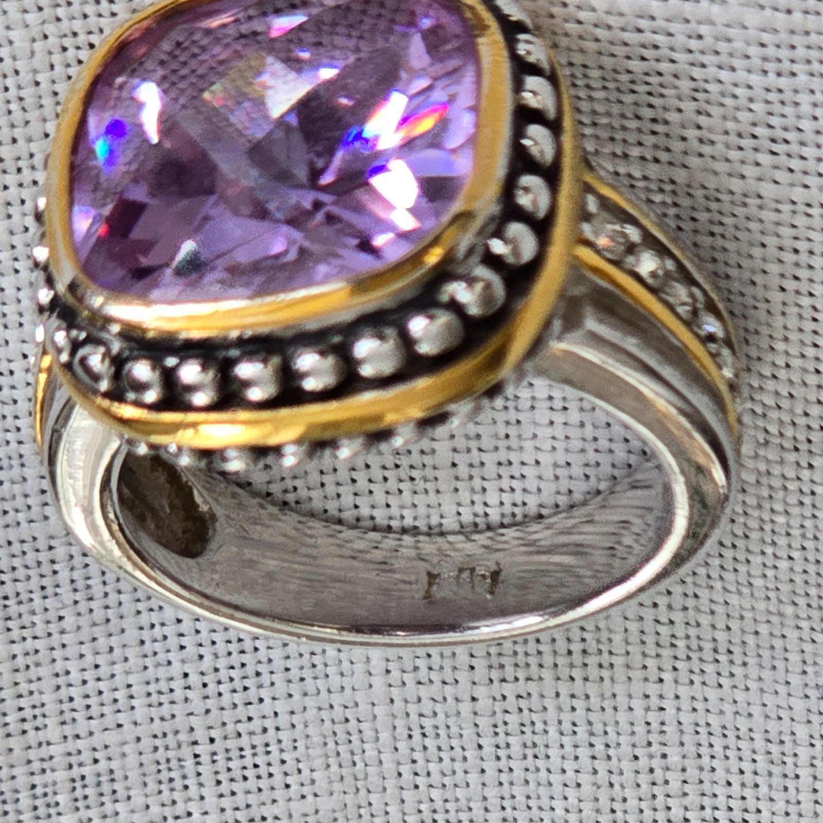 Sterling Silver Lavender CZ Ring Cushion Cut Gold Accent Halo Size 7.5 Statement