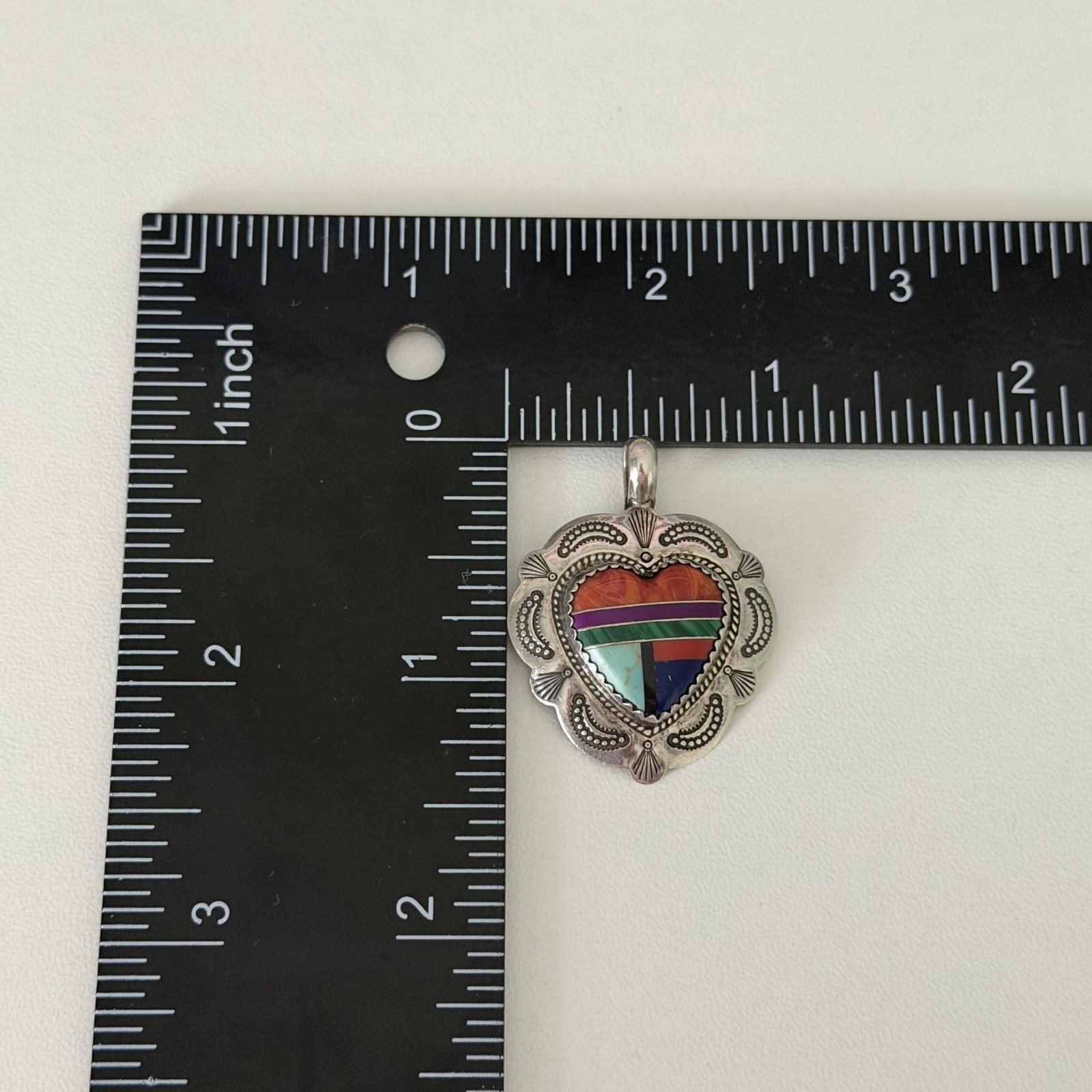 Vintage QT Sterling Native American Multi Gemstone Inlay Heart Southwest Pendant