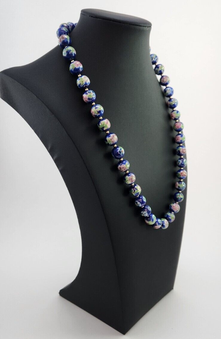 Vintage Japanese Cloisonne Bead Floral Necklace, Blue Pink and Green 22 Inches