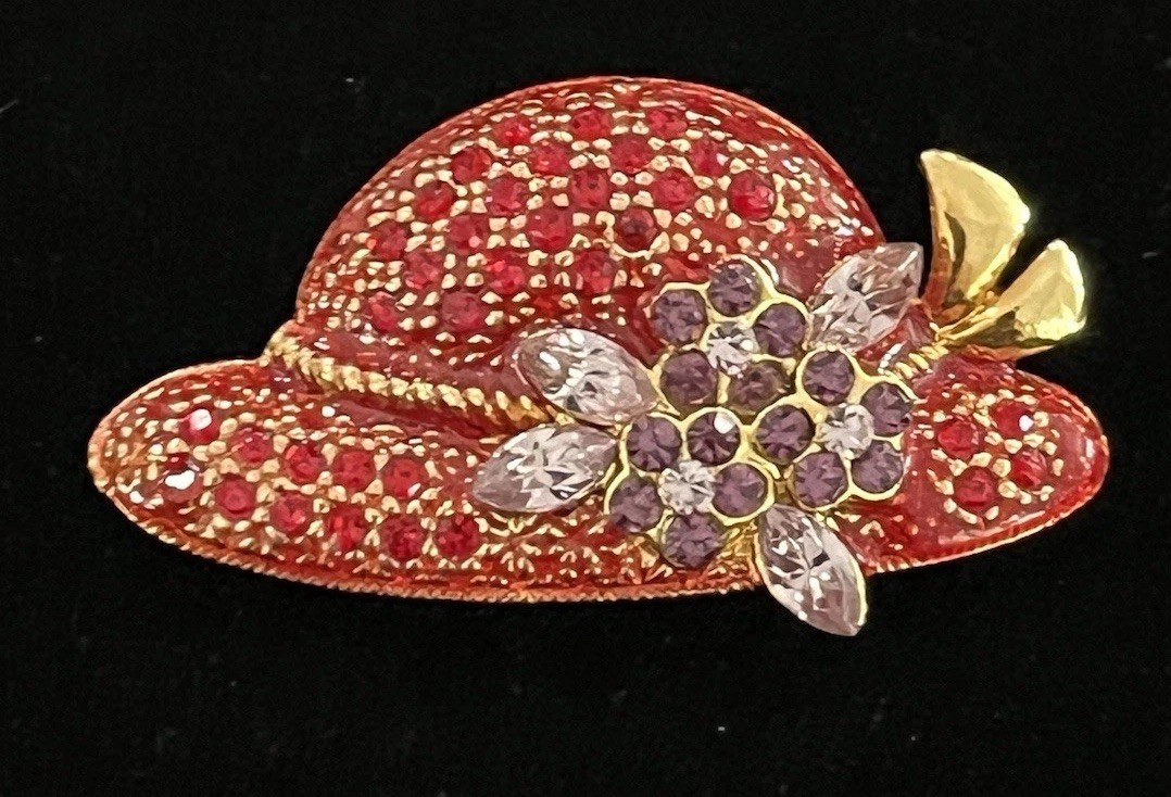 Vintage Red Hat Society Gold Tone & Rhinestone Brooch Pin