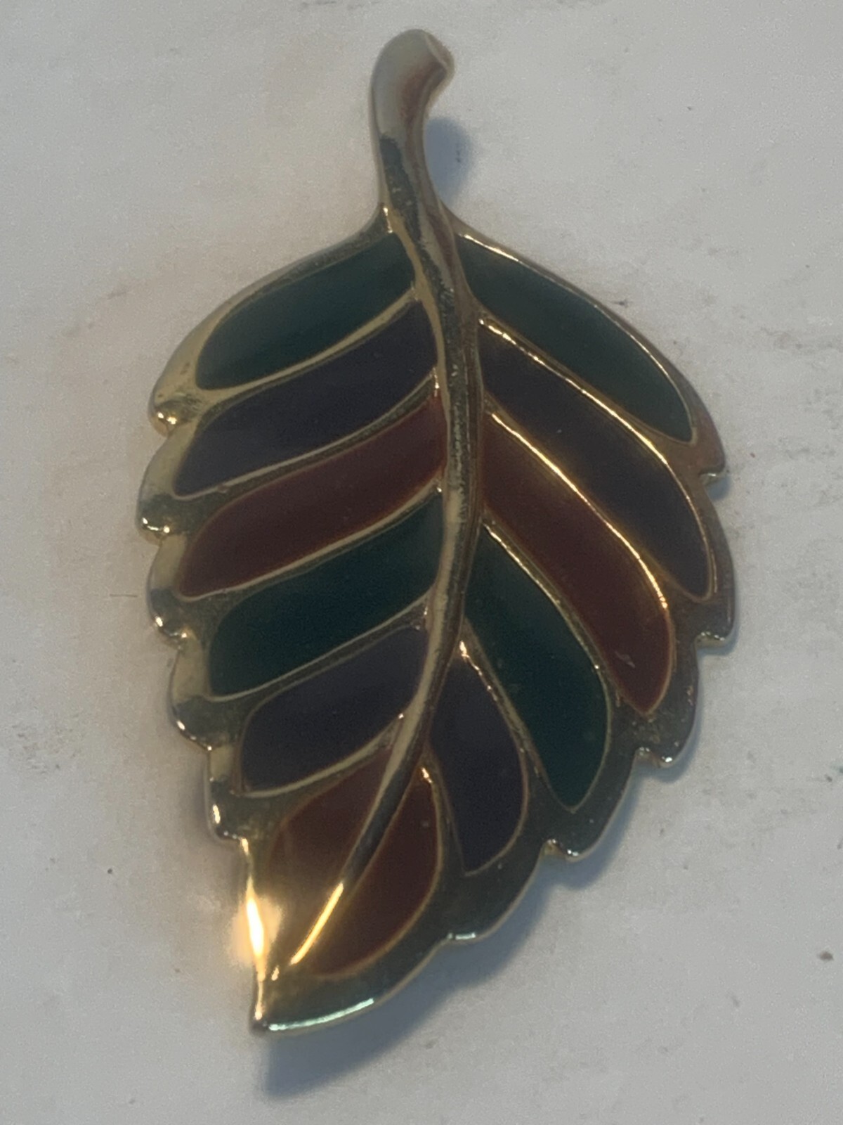 Gold Colored Metal, Red and Green Enameling, Leaf Pin/Brooch, Fall, Christmas