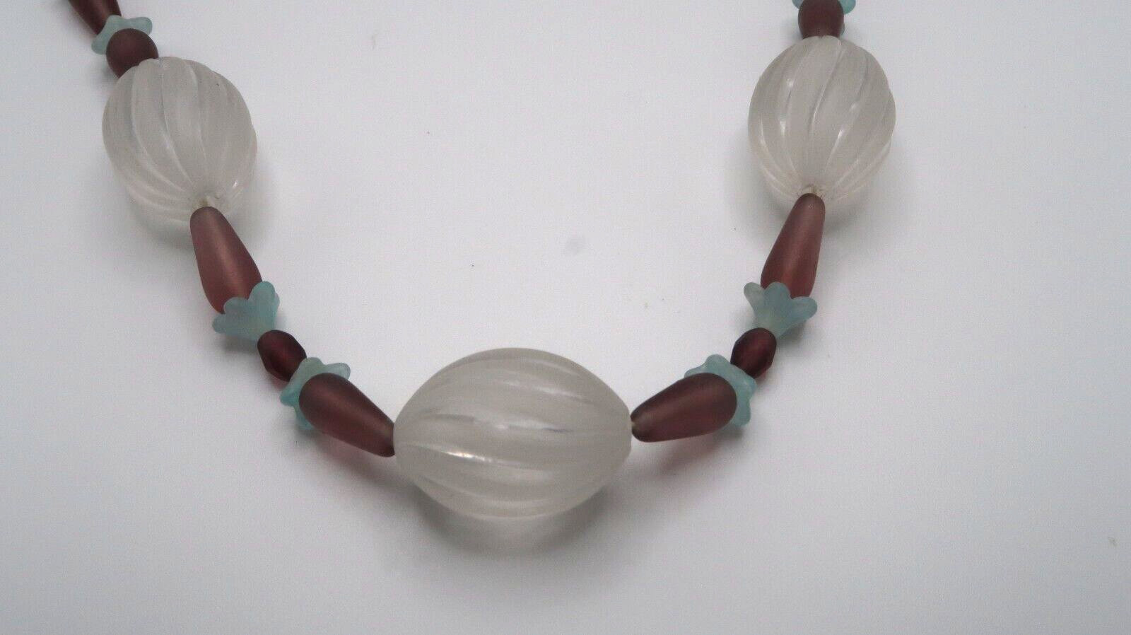 Antique Purple and Blue Glass Floral Bead Necklace Brass Clasp 17″ NB9