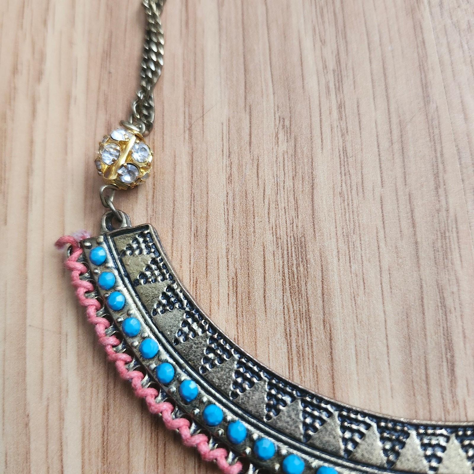 Boho Tribal Bib Fringe Statement Necklace Turquoise Beads Rhinestones Gold Tone