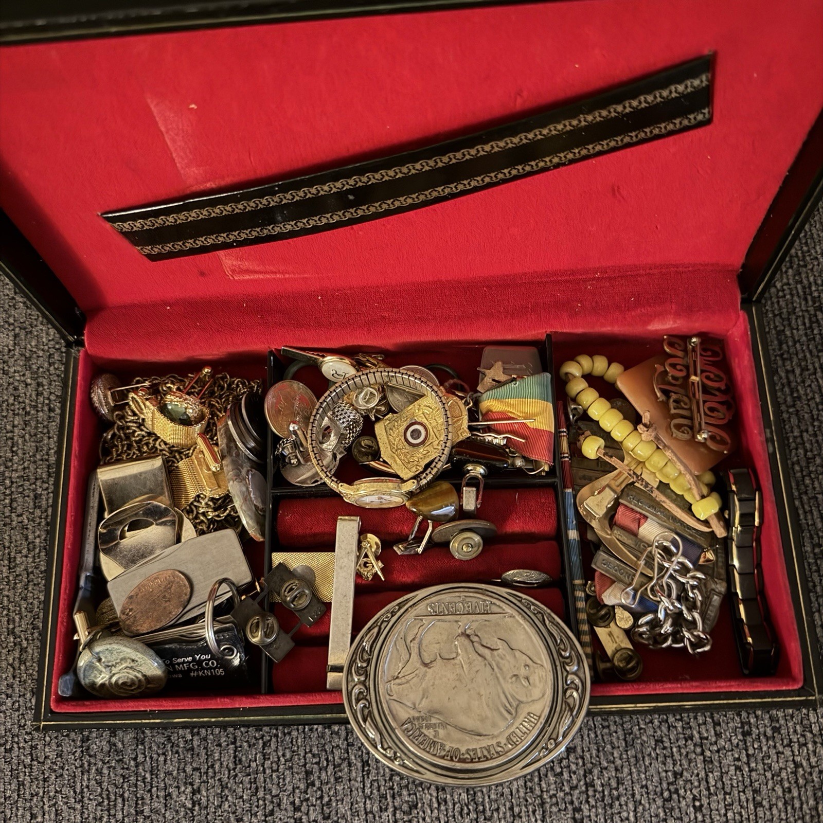 Swank Jewelry Case Filled With Jewelry Cufflinks Ring Pins Coin Watch Misc Junk