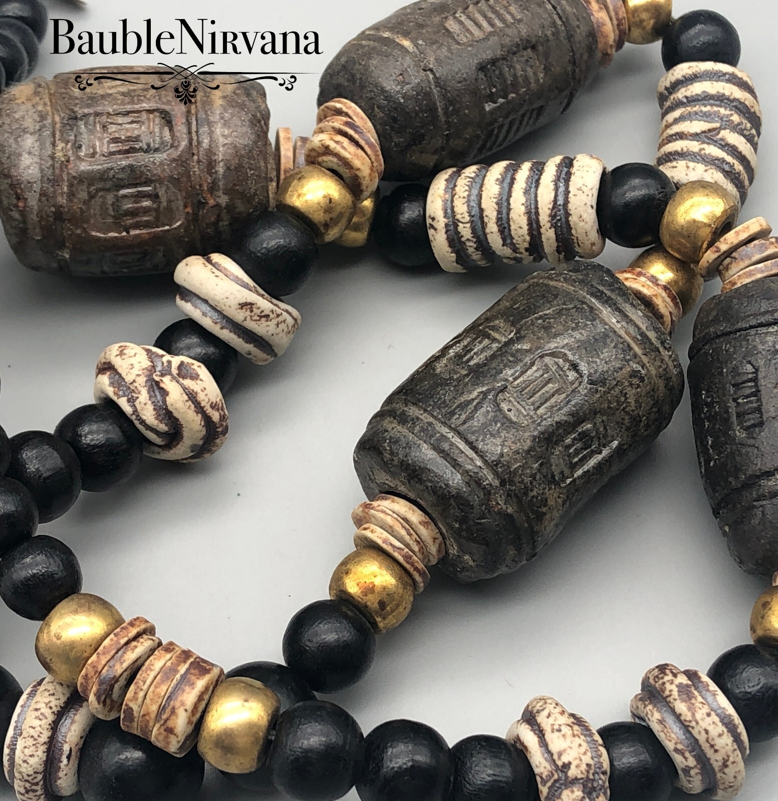 Vintage Cadoro 1980s Chunky Heavy Tribal Ceramic Wood & Brass Bead Necklace