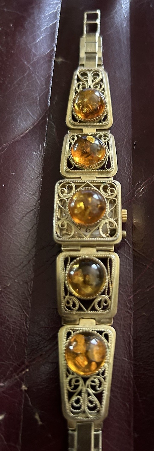 Vintage MCM Chika Baltic Amber Gold Plated 1950s USSR Hidden WATCH Bracelet