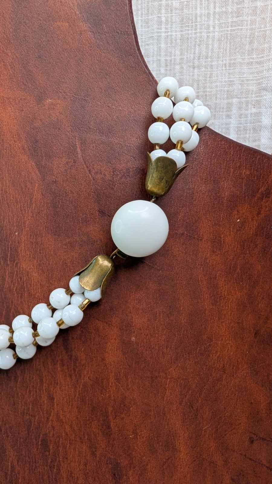 1950s Milk Glass Necklace Triple Strand With Brass Tulip Caps Glass Clasp 16.5in