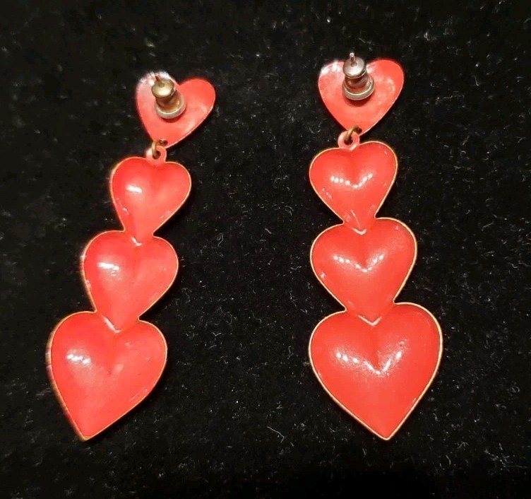 Vintage Estate Cool Red Enamel Linear Puff Heart Earrings Patriotic Valentine