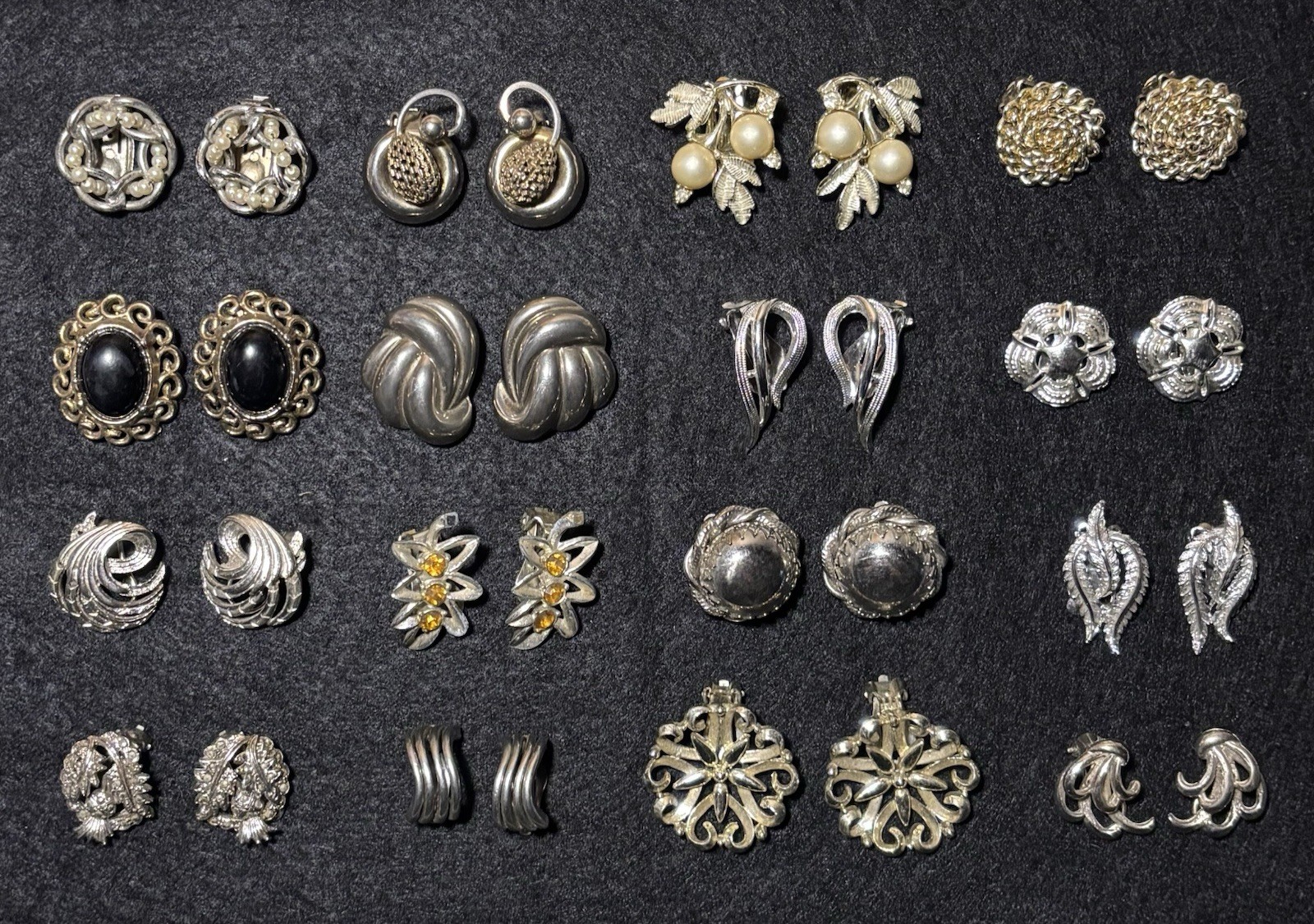 Vintage 1950s- 1980s Earrings Lot Silver Tone 16 Complete Pairs Wear Resell