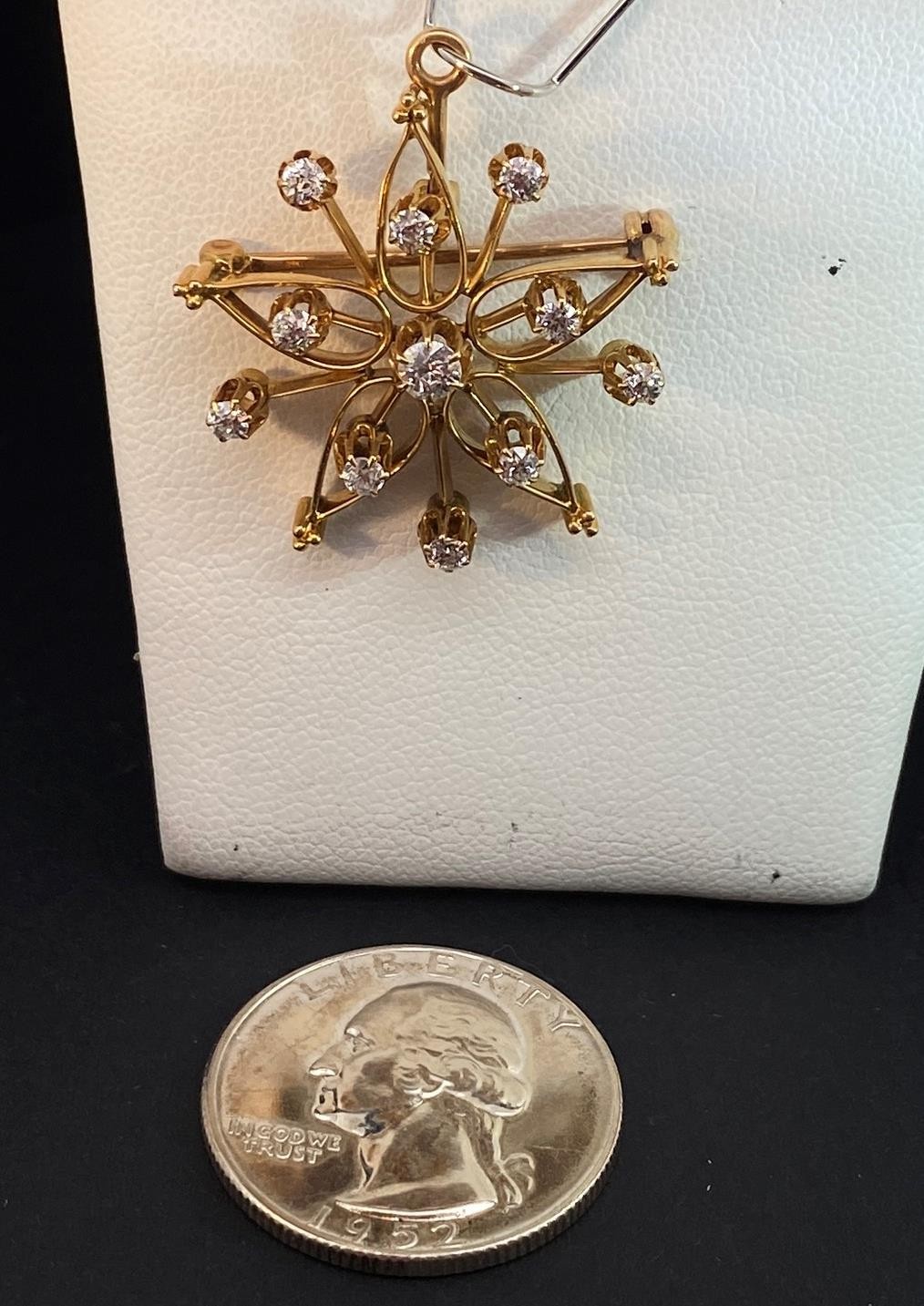 14k Yellow Gold Diamond Convertible 1″ Pin Pendant Brooch c1900 BP21