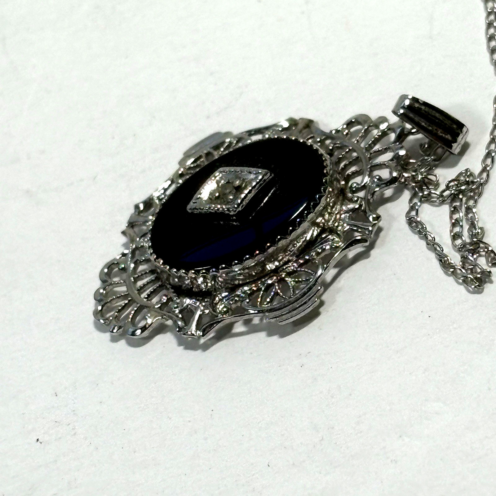 VTG Art Deco Black Onyx Diamond Filigree Pendant Necklace Sterling Silver 18″